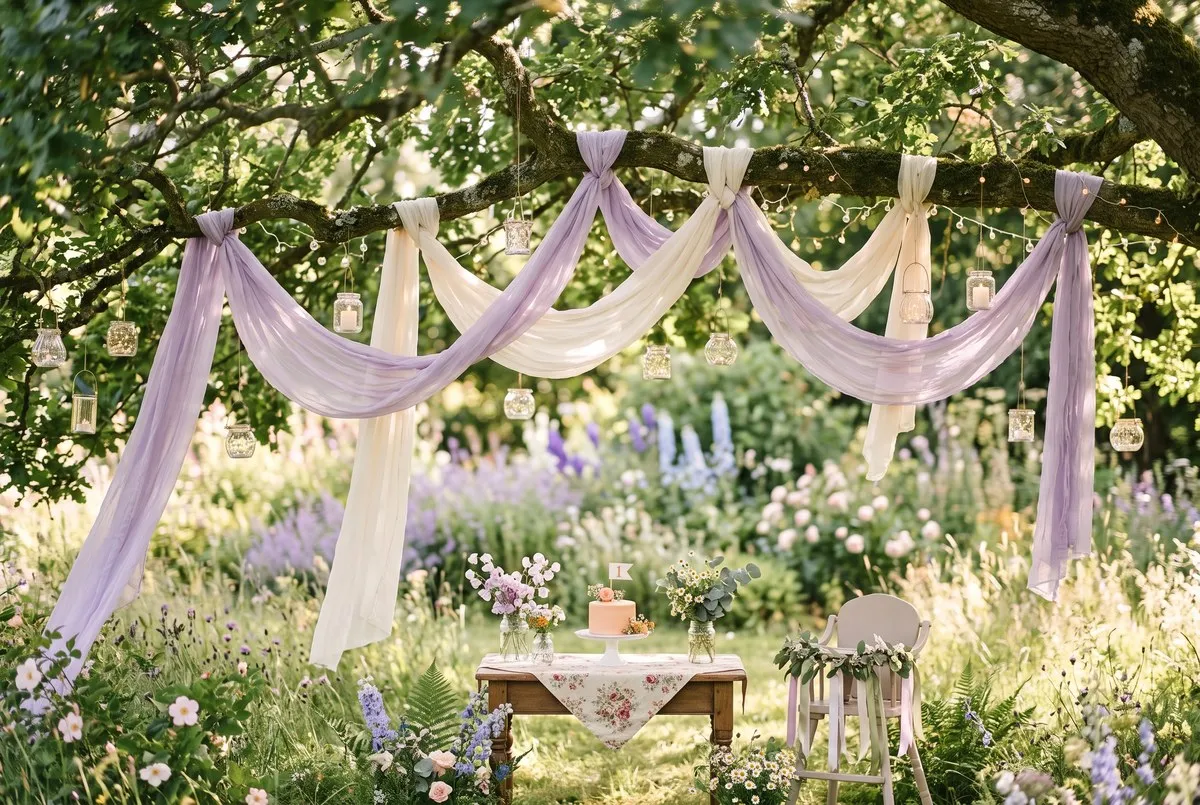 Lengths of lavender and cream fabric knotted along a garden branch with glass lanterns hanging at different heights above a wildflower meadow.