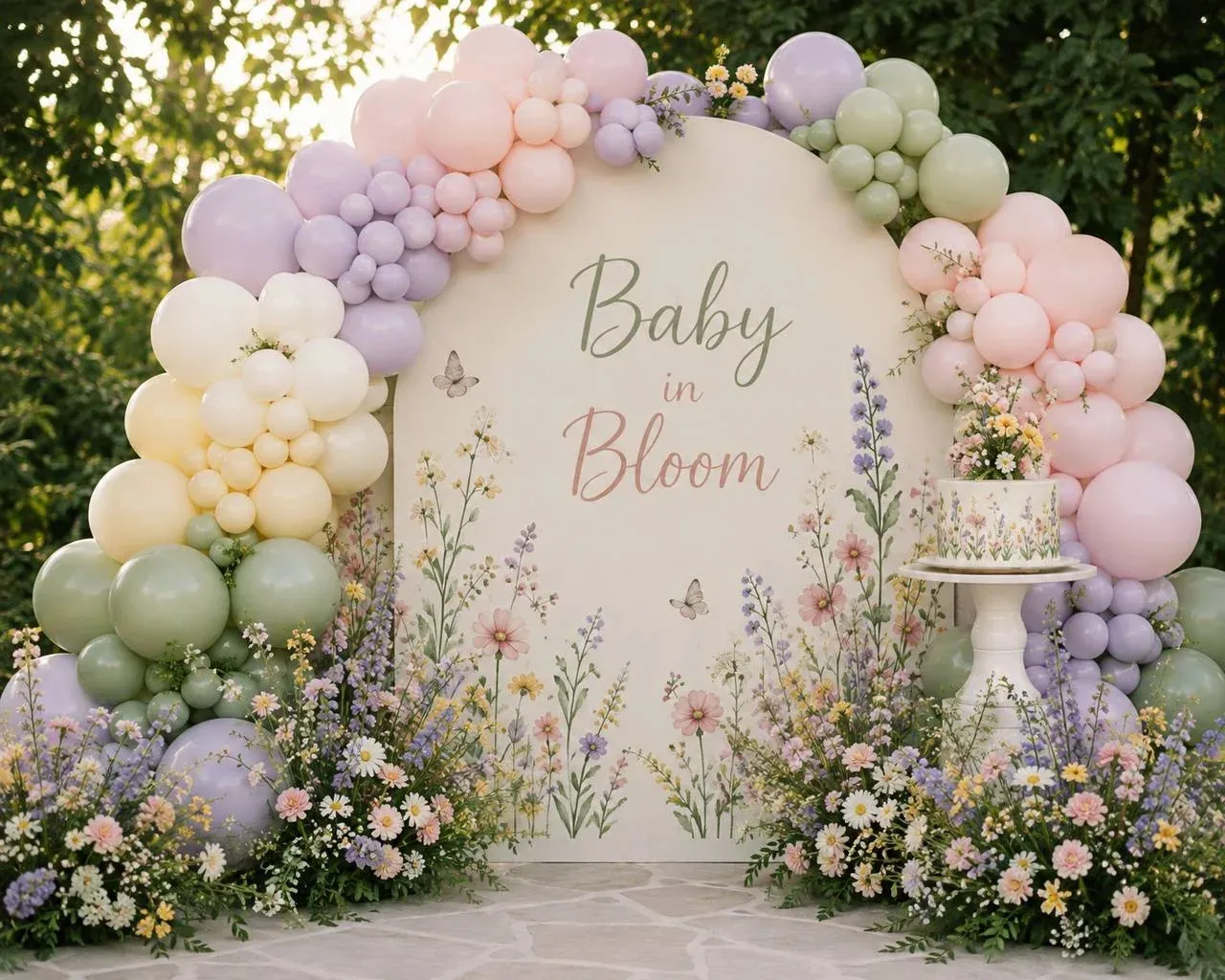 An arched cream panel printed with a painted wildflower meadow and the words "Baby in Bloom" in sage and blush script, with two pale paper butterflies, standing outdoors on stone paving. A balloon garland in blush, lilac, butter yellow, sage and cream arches over the top and down both sides, real daisies, cosmos and lavender are banked in drifts along the base, and a small white pedestal at the right holds a wildflower painted cake, with garden trees and low sun behind.