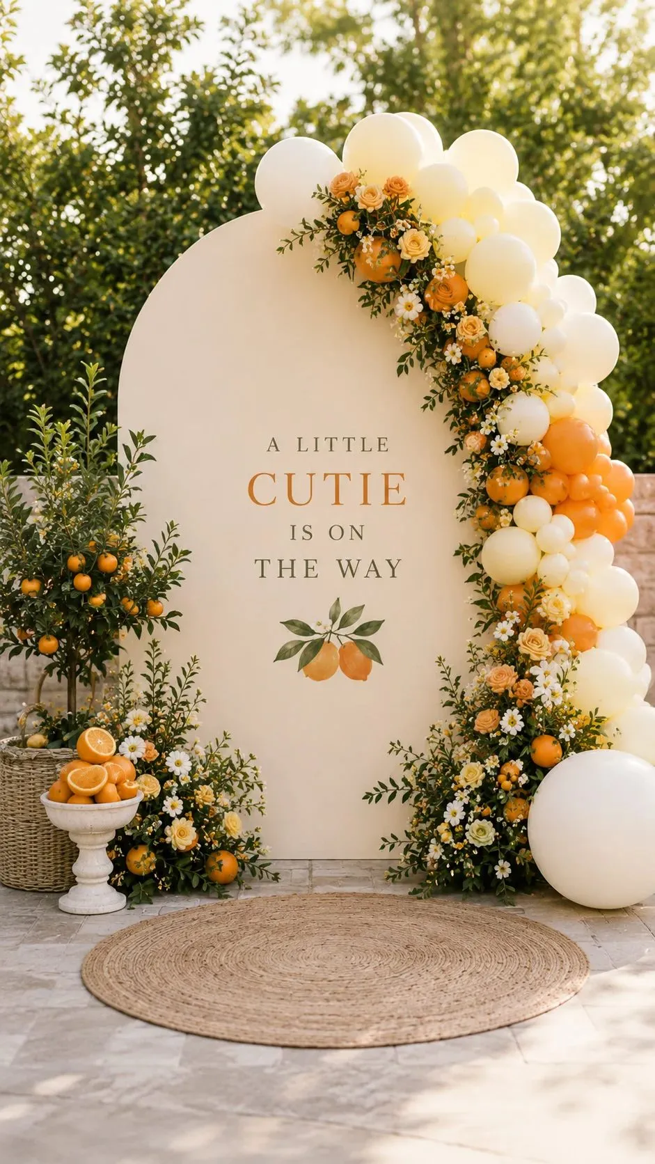 A tall arched cream backdrop stands on a pale stone patio in a sunlit garden, printed with the words "A Little Cutie Is on the Way" with the word cutie in orange, above a watercolour sprig of two oranges and green leaves. A balloon garland in butter yellow, ivory and bright orange curves down the right edge, threaded with olive and eucalyptus greenery, white blossom, peach and yellow roses, and clusters of whole oranges. A potted citrus tree in a woven basket sits at the left beside a white stone pedestal bowl of halved and whole oranges, on a round jute rug.