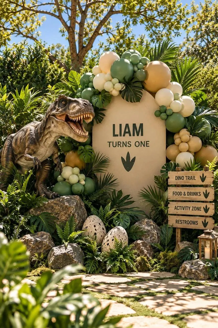 A life-size T-rex standing on a grey boulder beside an arched cream panel lettered "Liam turns one" over a dark green three-toed footprint. A matte balloon garland in forest, sage, cream and latte climbs the top and right side of the panel, tucked with monstera and palm leaves. Oversized speckled eggs, ferns and rocks are banked along the base, a wooden signpost on the right reads Dino Trail, Food & Drinks, Activity Zone and Restrooms, and a stepping stone path leads up to it under a sunny tree.