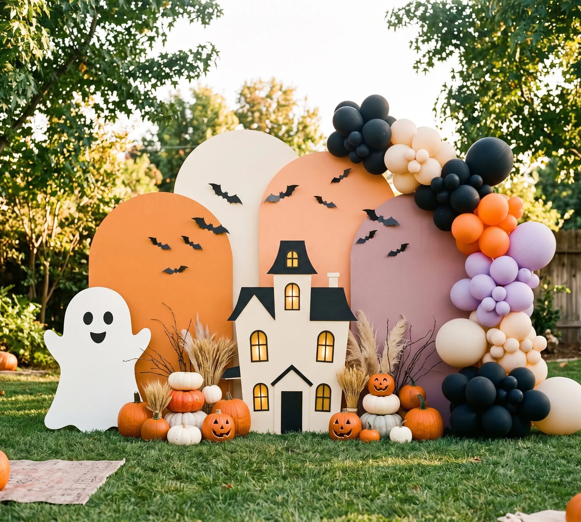 Overlapping arch panels in orange, cream, peach and mauve with black paper bats stand on a lawn behind a cutout ghost, a cream haunted house with lit windows, stacked pumpkins and a black, cream, orange and lavender balloon garland.