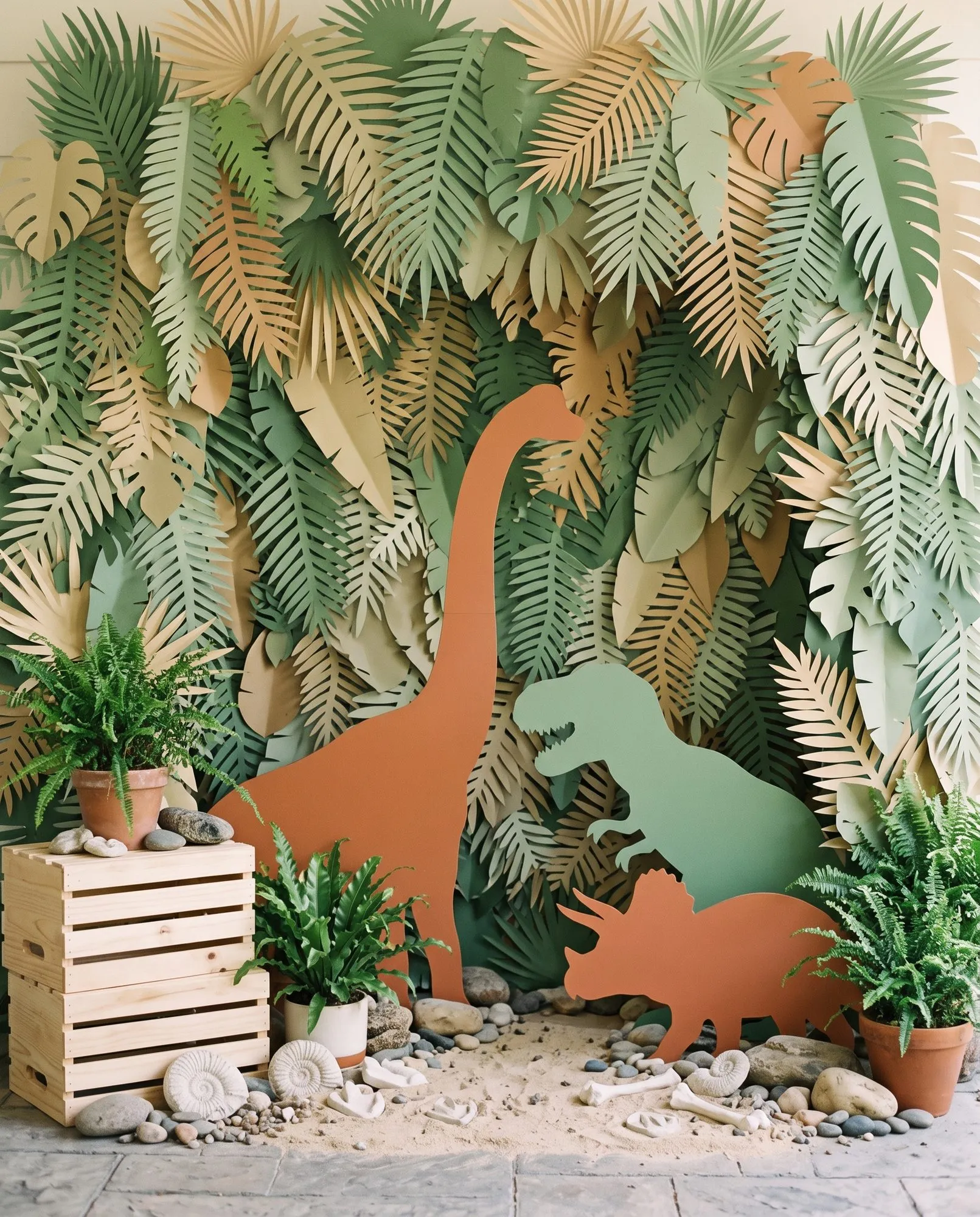 A tall paper backdrop built from scores of hand-cut fronds in deep fern, sage, olive, warm sand and rust matte card, layered thickest across the top so the wall has real depth, with three flat cut-card dinosaurs standing proud of it, a rust brachiosaurus rising almost the full height, a sage tyrannosaurus behind it and a rust triceratops walking out at toddler eye level, and at the base two stacked pale pine crates topped with a Boston fern in terracotta and a few smooth river stones, more potted ferns in terracotta and cream at either side, and a spill of real sand across the flagstone strewn with pebbles and white plaster ammonites and bones.