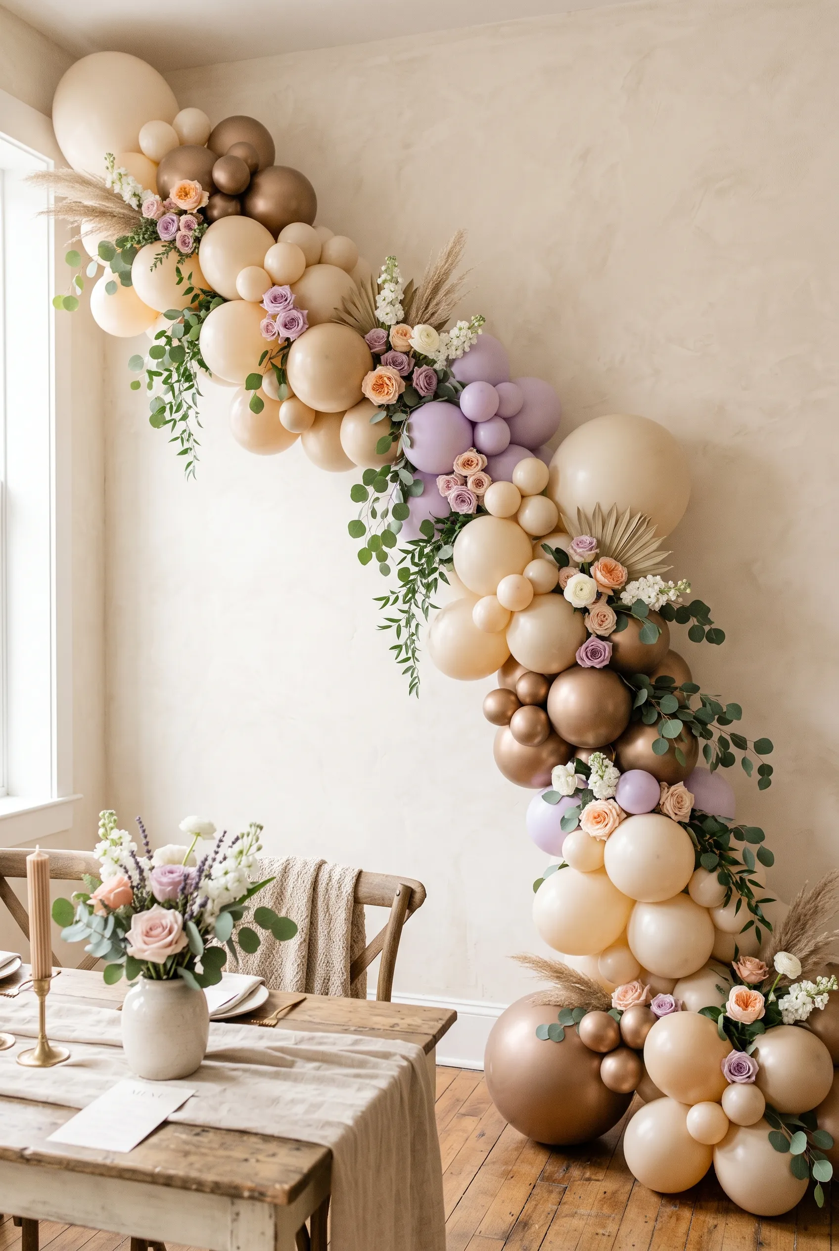 An organic balloon installation in bronze, cream, champagne and lavender with trailing greenery