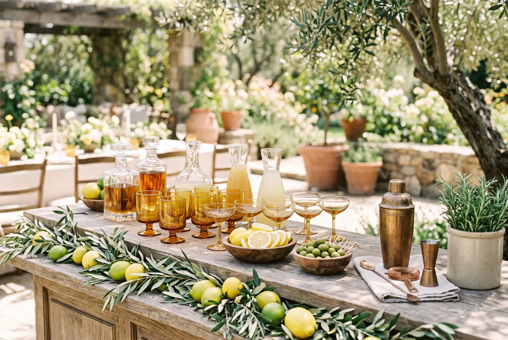 A long weathered bar counter with plain unlabelled decanters and carafes of amber and pale liquid, rows of footed amber tumblers and coupes, a bronze shaker, and a garland of olive branches and lemons along the front.