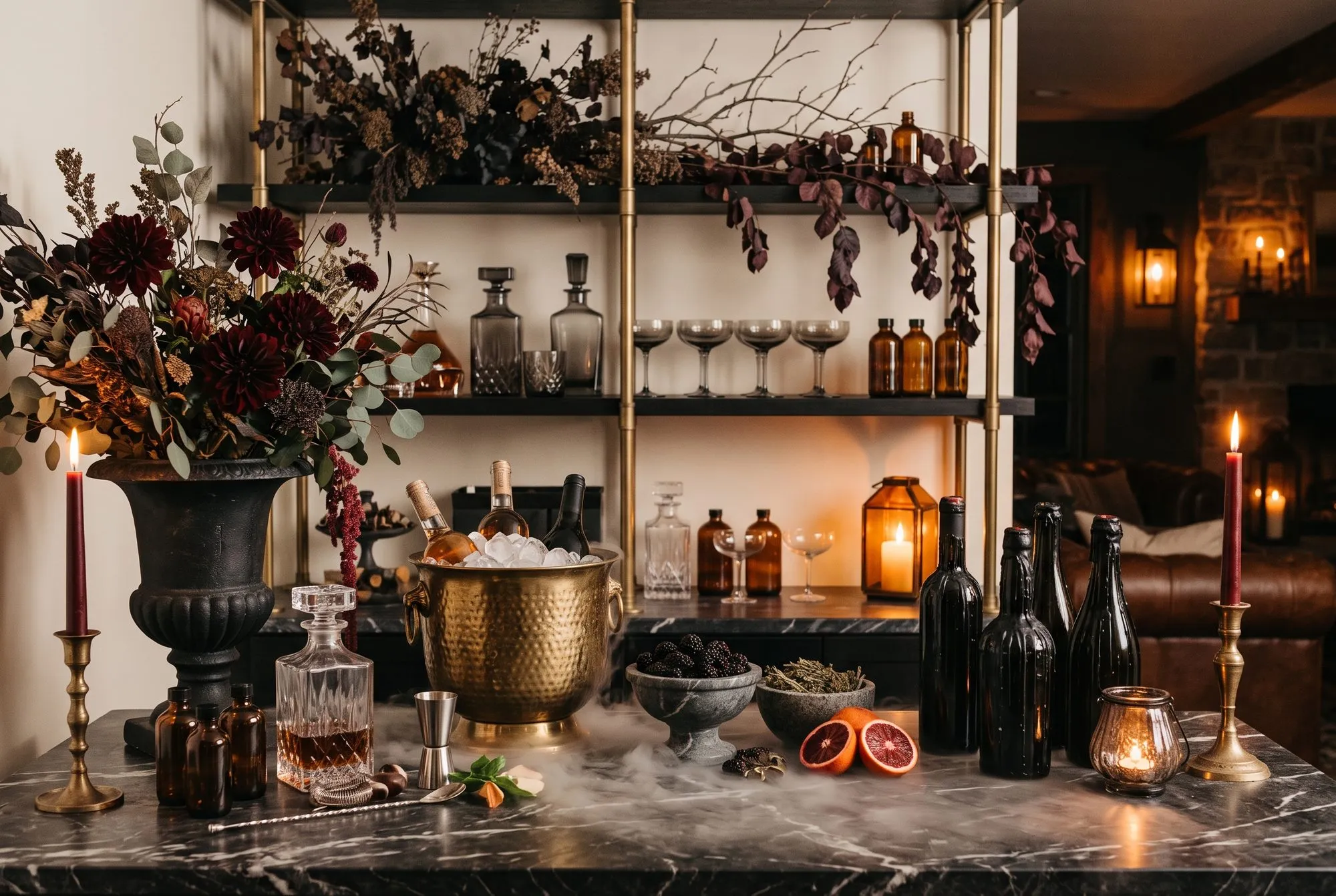 A home bar built on a black veined marble counter in low light. A tall cast iron urn at the left holds burgundy dahlias, a dusty pink protea, dried yarrow, seeded eucalyptus and trailing red amaranthus. A hammered brass ice bucket sits at the centre packed with ice cubes and three bottles of wine and champagne, with a cut crystal decanter of whisky, a steel jigger and a long bar spoon in front of it, and four small amber apothecary bottles lined up at the left edge. To the right are a grey marble footed bowl of blackberries, a stone bowl of dried rosemary, two halved blood oranges and a cluster of six dark green and black glass bottles. Oxblood tapers burn in brass candlesticks at either end of the counter and a small mercury glass votive glows beside the bottles. Behind, black shelves on brass uprights carry smoked decanters, four smoked coupes and amber bottles, with dried branches and plum copper beech foliage laid along the top shelves and a lit amber lantern on the back counter. A low layer of fog drifts across the marble. Beyond the bar a leather sofa and a stone fireplace wall are lit by wall lanterns.