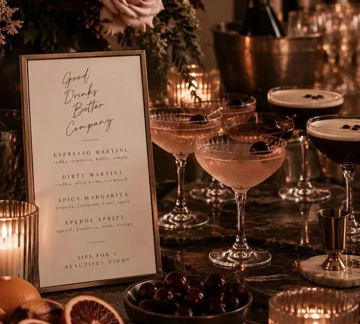 A dark veined marble counter laid out as a home bar in low candlelight. A brass framed ivory card stands at the left headed "Good Drinks Better Company" in brown script, listing four cocktails in serif capitals with their ingredients in small type beneath: Espresso Martini, Dirty Martini, Spicy Margarita and Aperol Spritz, closing with the line "Sips For A Beautiful Night". Beside it sit five glasses, three ribbed coupes of pale pink cocktail each garnished with a dark cherry on the rim and two coupes of espresso martini with pale crema and three coffee beans on top. A hammered brass ice bucket holding a dark bottle stands behind them with small flames glowing between the stems. In the foreground are halved blood oranges, a dark bowl of cherries, a brass jigger on a marble coaster and a ribbed votive burning at each end of the counter, with mauve roses and dried branches leaning in at the top left.