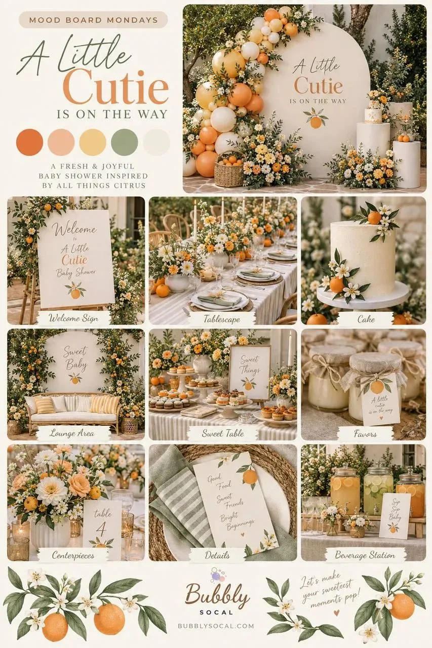 A composed moodboard headed "Mood Board Mondays" and titled "A Little Cutie Is on the Way", with a five dot palette of orange, peach, butter yellow, sage and cream and the line "a fresh and joyful baby shower inspired by all things citrus". A large hero tile at the top right shows an arched cream panel lettered in the same words above a painted orange, ringed by a balloon garland in orange, butter and cream with white daisies and citrus foliage banked at its base and three white cake pedestals beside it. Below sit nine labelled tiles: Welcome Sign, Tablescape, Cake, Lounge Area, Sweet Table, Favors, Centerpieces, Details and Beverage Station. A painted band of oranges and blossom runs along the foot of the board under the Bubbly SoCal logo and bubblysocal.com.