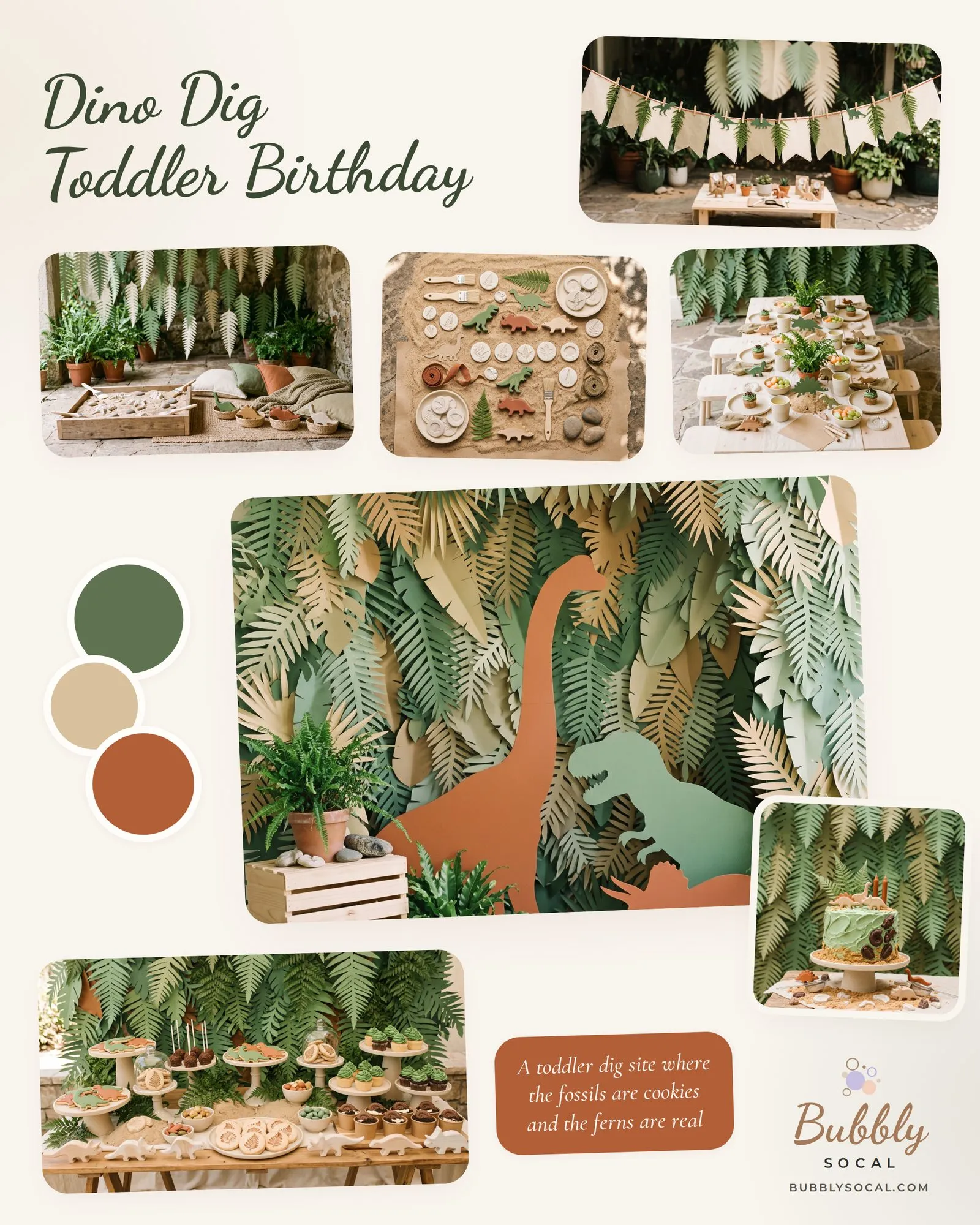 Moodboard for a dinosaur dig toddler birthday showing a tall paper backdrop of layered cut fronds in five greens and sands with rust and sage dinosaur silhouettes cut from card, a shaded stone patio corner hung with a paper fern garland and cream pennant bunting on wooden pegs above a low pine craft table, a raw timber sand tray laid with plaster fossils and paintbrushes beside linen floor cushions and raffia baskets of wooden dinosaurs, an overhead flat lay of brushes, clay fossil discs, cut-paper dinosaurs, raffia and river stones on sand, a long pine kids' table with stoneware plates and a sand spine down its linen runner, a sage buttercream cake banked in biscuit crumb with chocolate fossils and rust taper candles, a wooden dessert table of iced dinosaur cookies and fern-print shortbread, a fern green, warm sand and rust palette on cream, and the line "a toddler dig site where the fossils are cookies and the ferns are real".