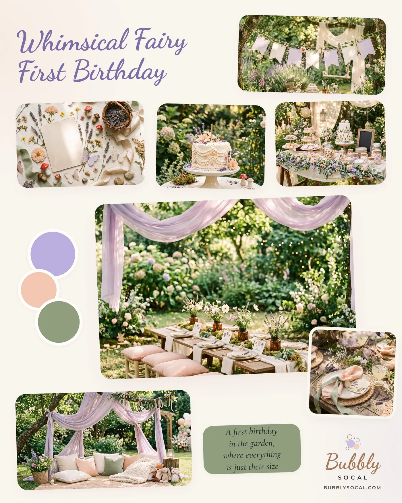 Moodboard for a whimsical fairy first birthday, showing lavender draping over a long low garden table, a ruffled cream cake, pressed wildflowers and a dessert table in pastels.