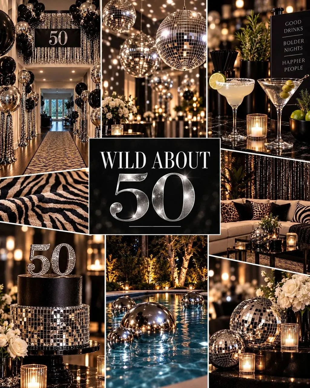 Moodboard for a black, chrome and candlelit 50th birthday, showing a balloon and fringe entry hallway, hanging disco balls, a zebra print throw, a black and mirror tile cake, chrome spheres floating in a lit pool and a leopard cushioned lounge.
