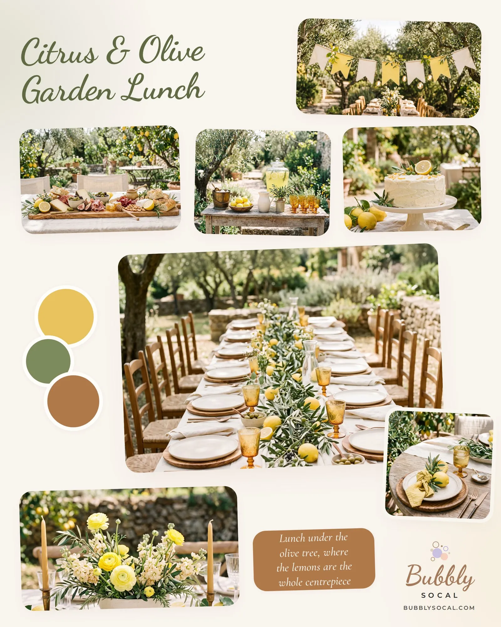 Moodboard for a citrus and olive garden lunch, showing a long cream-linen table run with olive branches and lemons, a grazing board, a lemonade station, a lemon cake and a yellow ranunculus centerpiece.