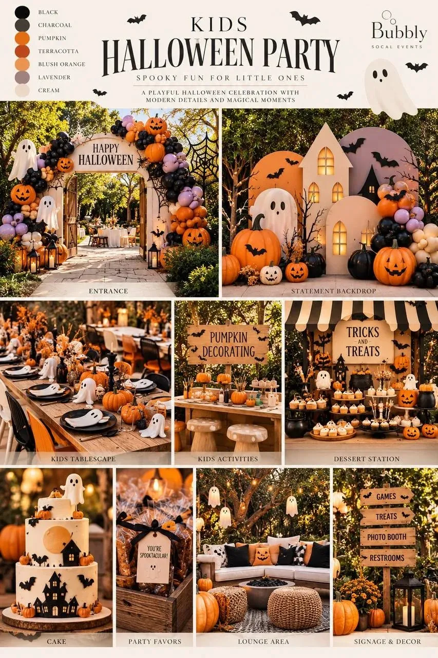 A collage for a kids' Halloween party with a palette strip of black, charcoal, pumpkin, terracotta, blush orange, lavender and cream above nine backyard scenes, including a balloon arch entrance, an arched backdrop, a kids' table, a dessert station, a ghost cake and wooden direction signs.
