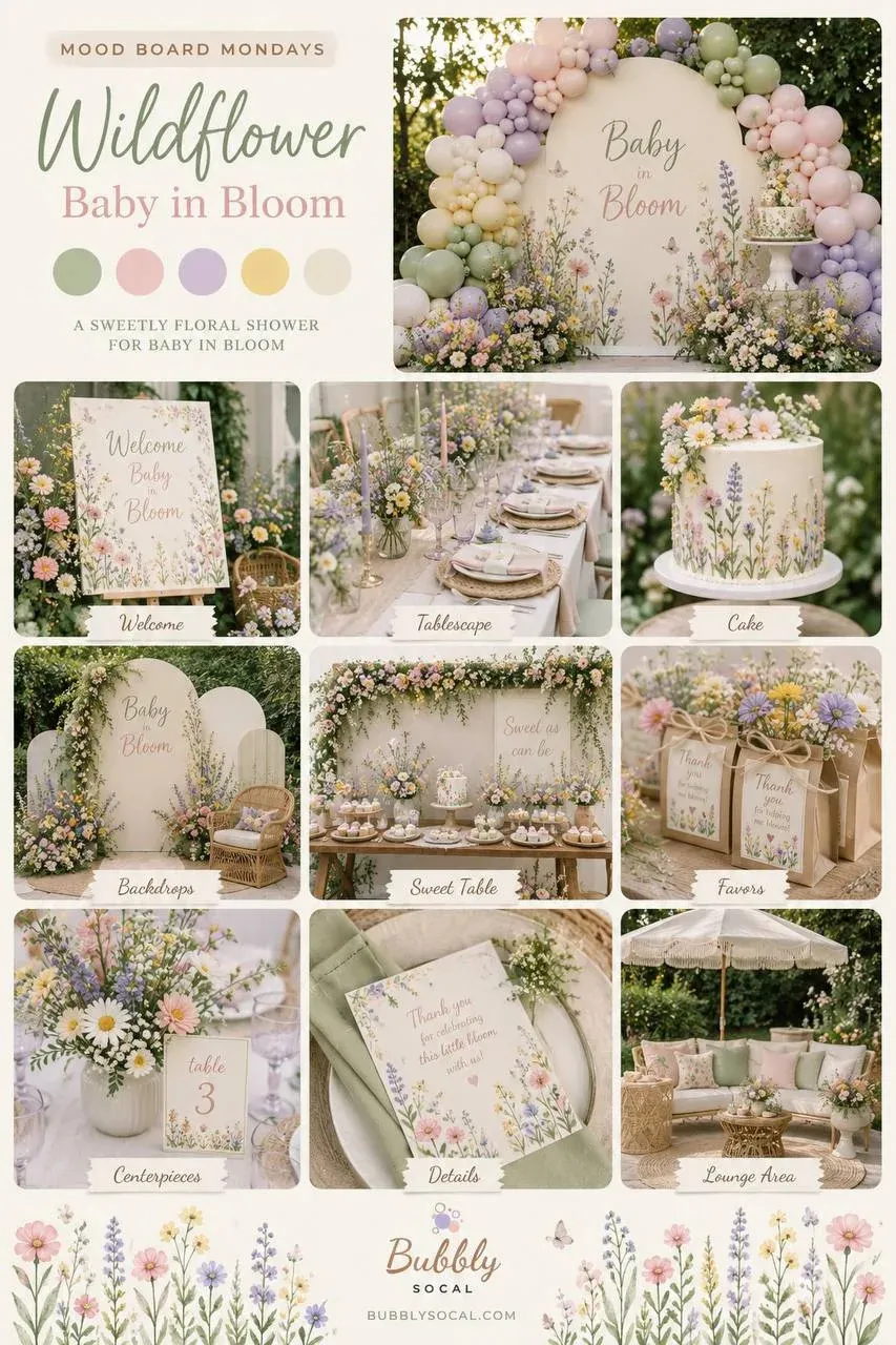 A composed moodboard headed "Mood Board Mondays" and titled "Wildflower Baby in Bloom", with a five dot palette of sage green, blush pink, lilac, butter yellow and cream, and the line "a sweetly floral shower for baby in bloom". A large hero tile at the top right shows an arched cream panel printed with a wildflower meadow reading "Baby in Bloom", ringed by a pastel balloon garland with real flowers banked at its base. Below it sit nine labelled tiles: Welcome, Tablescape, Cake, Backdrops, Sweet Table, Favors, Centerpieces, Details and Lounge Area. A painted band of wildflowers runs along the foot of the board under the Bubbly SoCal logo and bubblysocal.com.
