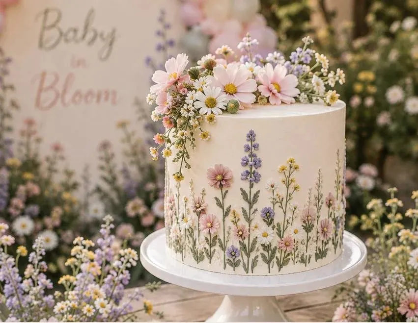 A single tier cake in cream buttercream piped with a standing meadow of pink cosmos, white daisies, lavender spires and small yellow buds on fine green stems, crowned with a crescent of fresh pink cosmos, white daisies and pale blooms, on a white ceramic pedestal on stone paving, with a blurred wildflower meadow and a "Baby in Bloom" sign behind it.