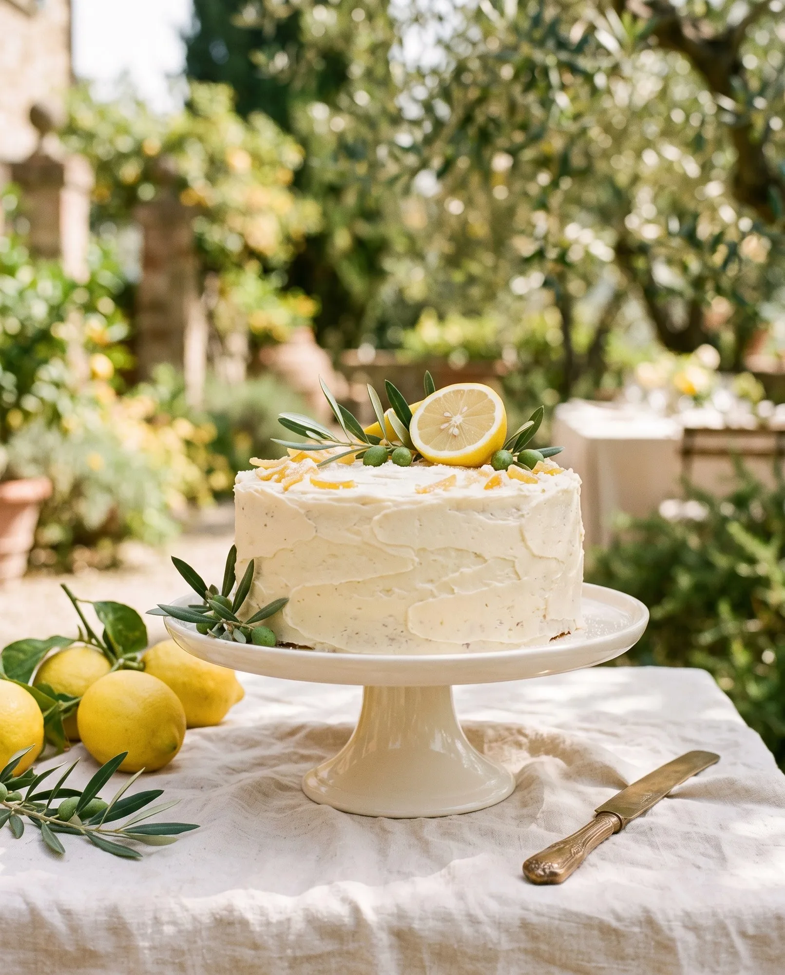 A single-tier lemon cake in pale buttercream with candied peel and a halved lemon on top, crowned with olive sprigs, on a footed cream stand with whole lemons and a bronze knife alongside.