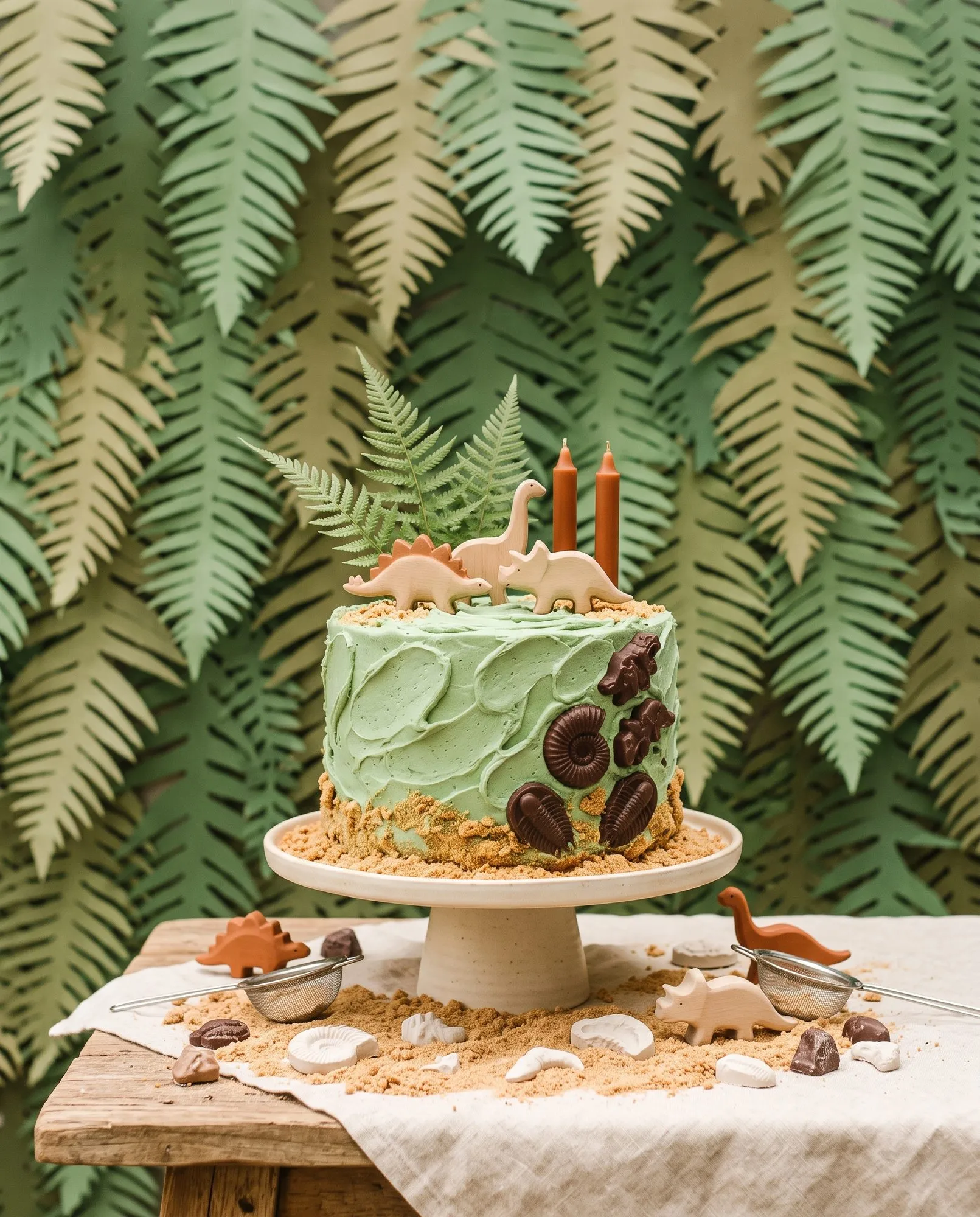 A single-tier cake in sage green buttercream swept on with a palette knife, dark chocolate fossils pressed into one side including a coiled ammonite, a trilobite and two small dinosaurs, crumbled biscuit sand banked around the foot of it and spilling across the cream unglazed cake stand, three wooden dinosaurs and a real fern frond standing on top with two slim rust taper candles, and below on the rough wood table a linen cloth scattered with more sand, white clay fossils, two small metal sieves used as dig tools, chocolate rocks and a terracotta and a natural wooden dinosaur, against a backdrop of hanging paper fern fronds in sage and cream.