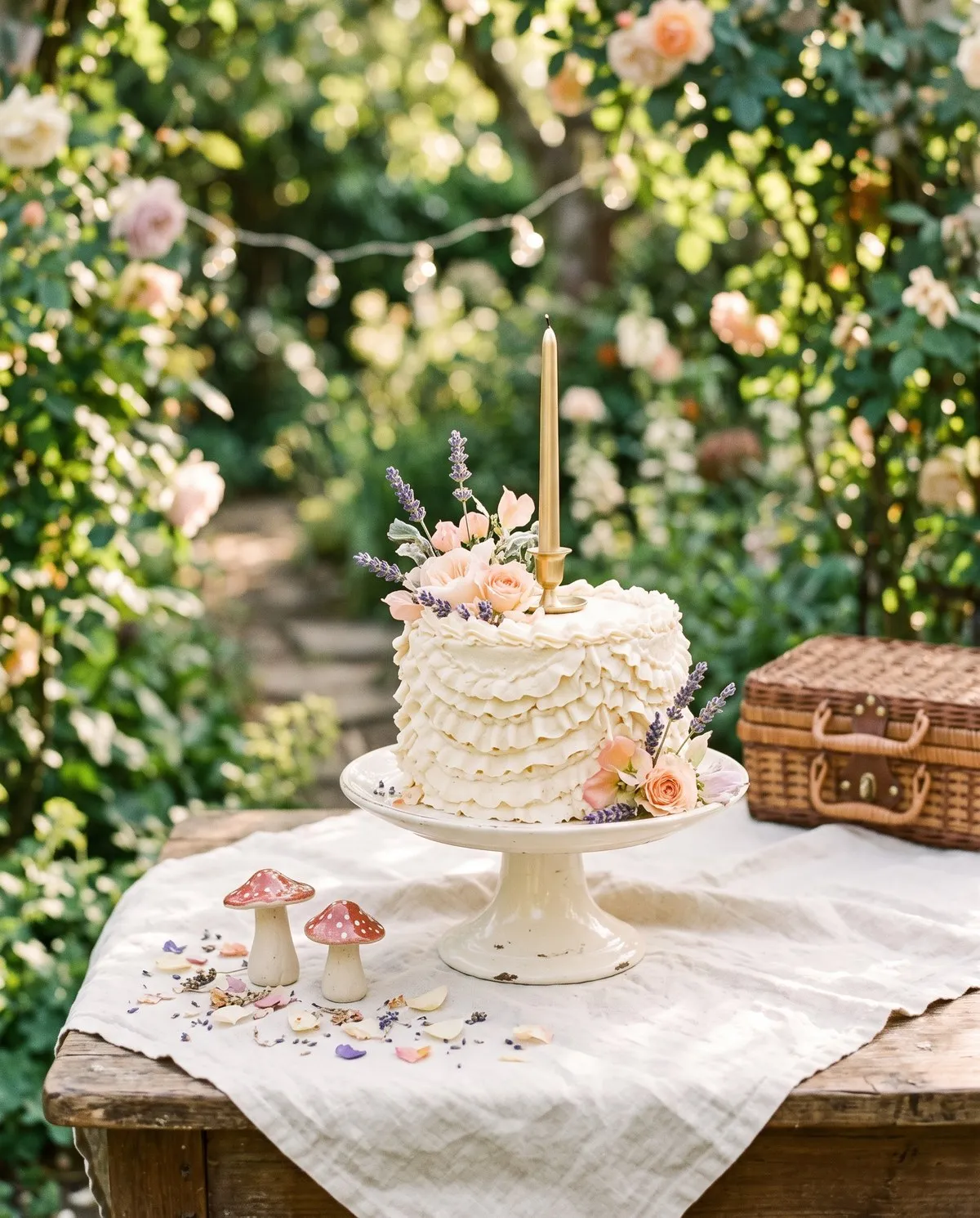 A small cream buttercream cake with piped ruffles, topped with lavender and blush garden roses and a single slim gold candle, on a footed cream stand.