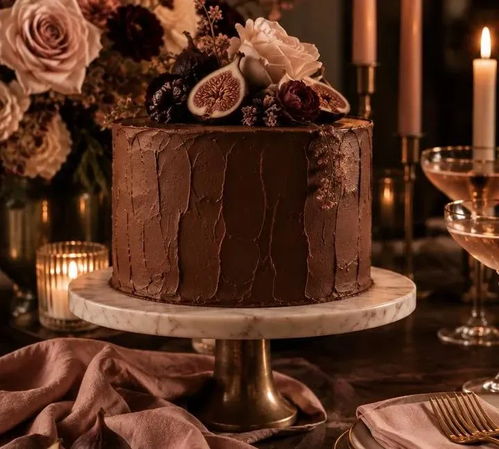 A single tier chocolate cake finished in thick vertical swipes of dark chocolate frosting, standing on a white marble cake plate with a turned brass column base. The top is crowned with halved fresh figs showing their pink centres, a full cream garden rose, a deep burgundy ranunculus, small dried blooms and sprigs of tiny blush florets that trail down one side of the cake. Blush and ivory tapers burn in brass candlesticks to the right, with two coupes of pale sparkling wine catching the light beside them. A tall arrangement of blush and mauve roses, cream blooms, burgundy dahlias and dried branches fills the left of the frame above a ribbed votive, and dusty pink linen is puddled across the dark surface in front.