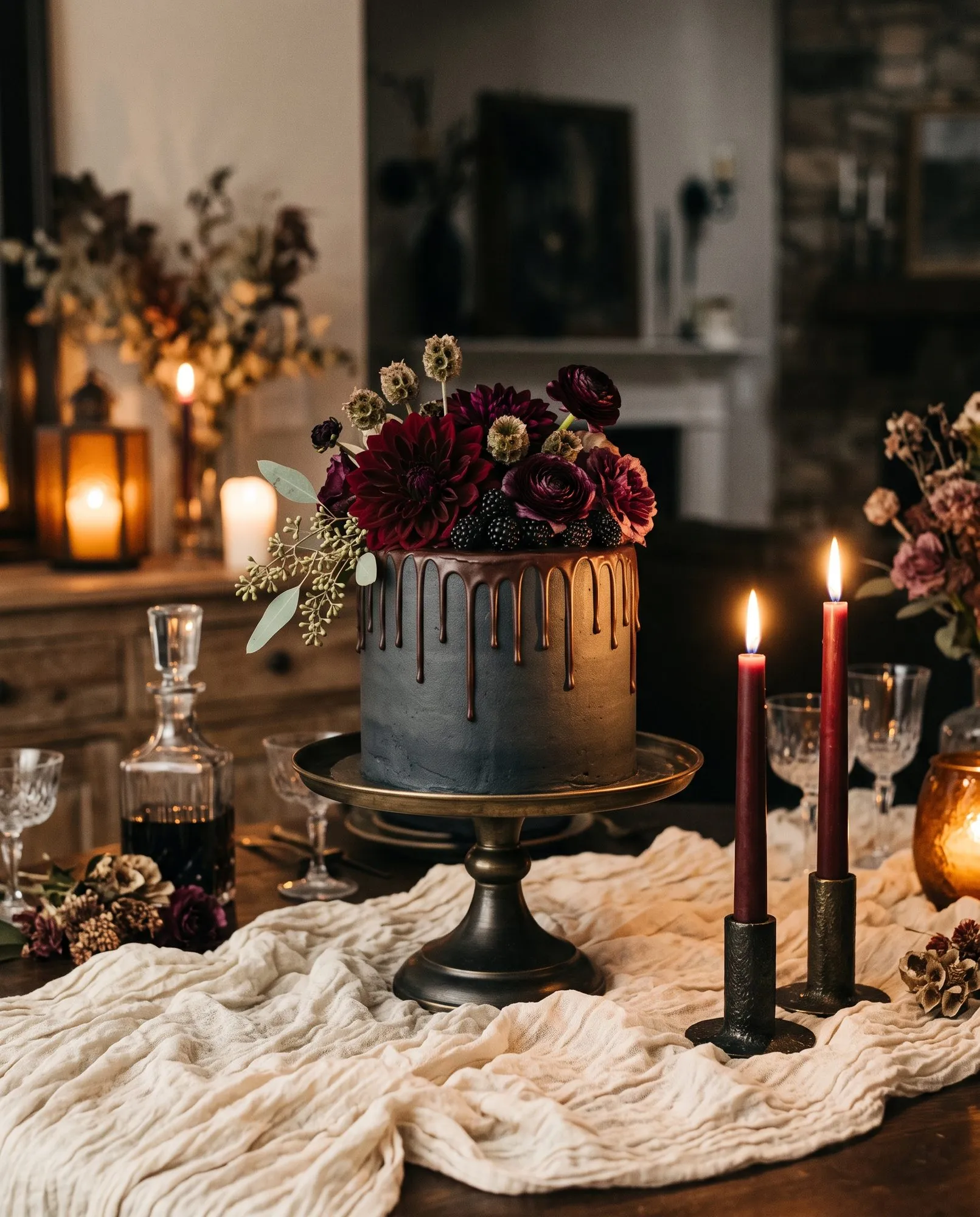 A single tier cake finished in charcoal grey buttercream with a bronze chocolate drip running down the sides, standing on an aged brass pedestal cake stand over a crumpled cream gauze runner. The top is crowned with burgundy dahlias, plum and dusty pink ranunculus, dried scabiosa pods, fresh blackberries and a sprig of seeded eucalyptus trailing to the left. Two oxblood tapers burn in black iron holders to the right, with cut crystal wine glasses, a crystal decanter of dark red wine and a hammered amber votive around them. A dresser behind holds lit amber lanterns and dried blooms, and a pale fireplace is visible in the low light beyond.