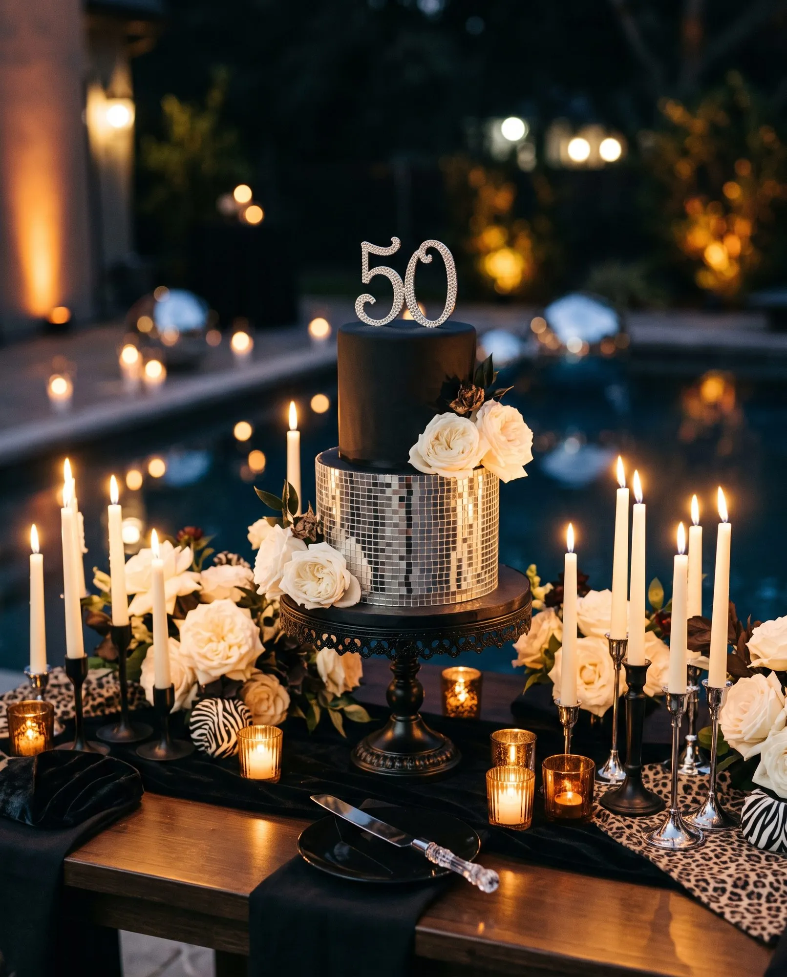 A two tier cake with a matte black top tier and a mirror tile bottom tier, topped with a rhinestone 50, set on a black pedestal stand among white roses, white tapers in black and silver candlesticks and amber votives on a leopard print runner, with a dark pool behind.
