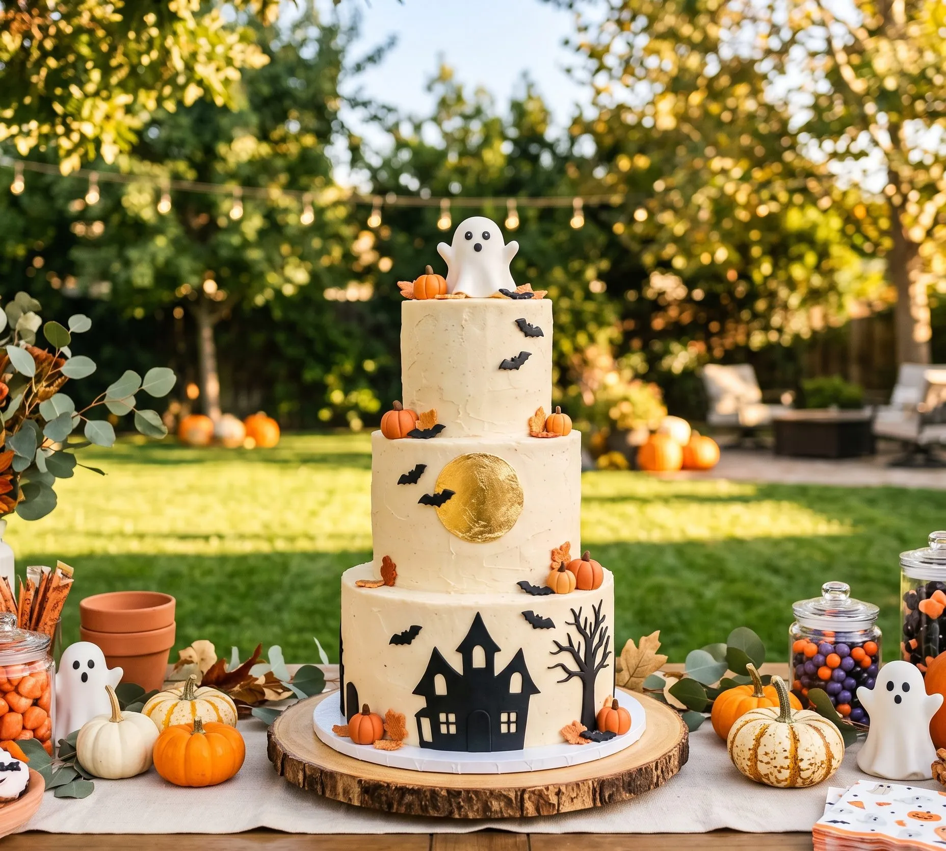 A three-tier cream buttercream cake topped with a fondant ghost has a gold-leaf moon, black bats, a haunted house silhouette and tiny sugar pumpkins, and sits on a wood slice among mini pumpkins, ghost figurines and jars of candy.