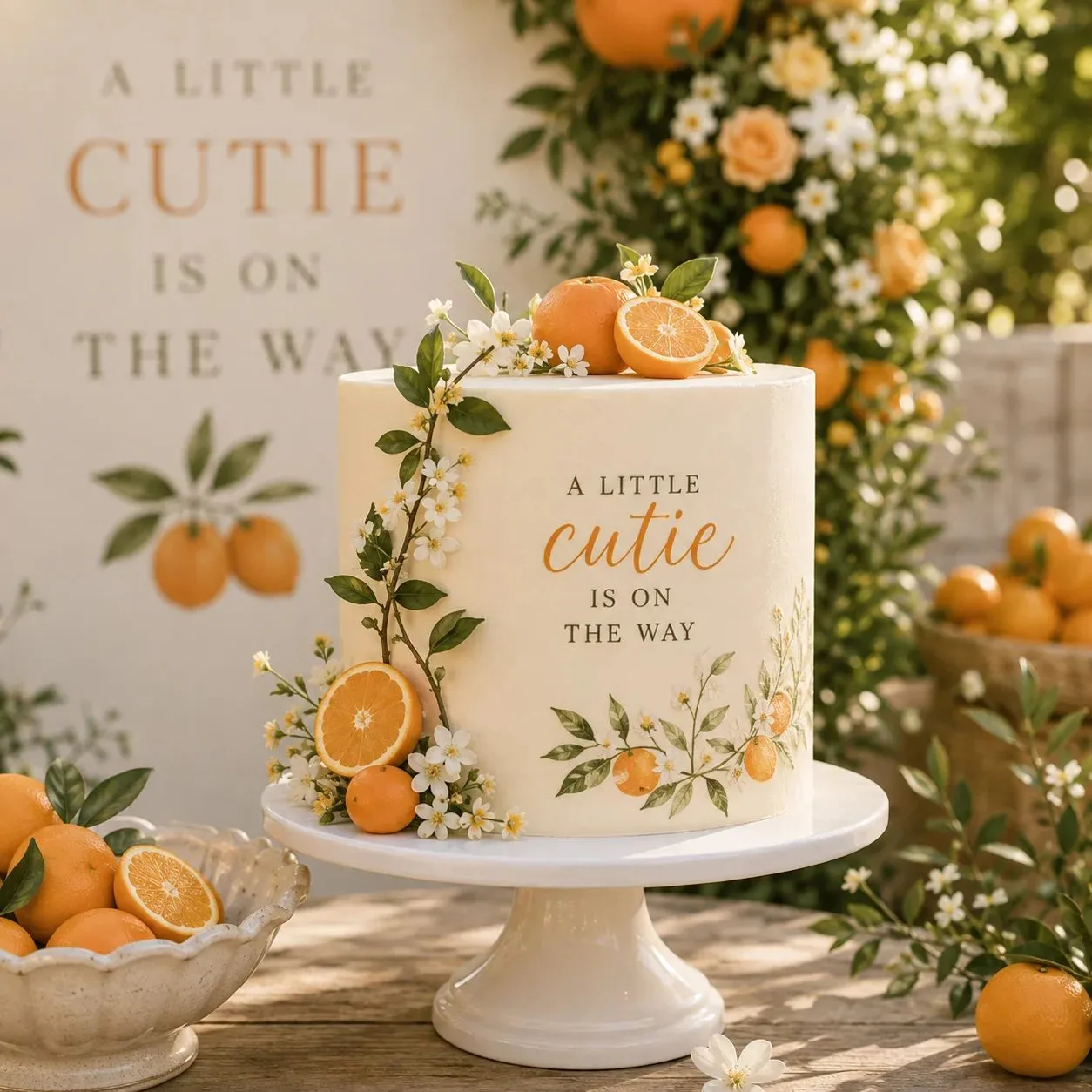 A tall single tier cake in cream buttercream on a white ceramic pedestal stand on a weathered wood table. The front reads "A Little Cutie Is on the Way" in grey serif capitals with the word cutie in orange script, above a painted spray of sage leaves, white blossom and small oranges. Fresh orange slices, whole mandarins, white blossom sprigs and citrus leaves trail down the left side and crown the top. A cream printed backdrop repeats the phrase behind it, framed by a flowering citrus garland, with a scalloped stone bowl and a woven basket of oranges alongside.