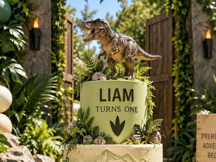 A two tier cake with a sage top tier lettered "Liam turns one" above a dark green three-toed footprint and a cream lower tier carved in a mountain relief, topped with a T-rex figure standing in ferns and pebbles. Behind it, wooden gates stand open between stone pillars hung with lit wall torches.