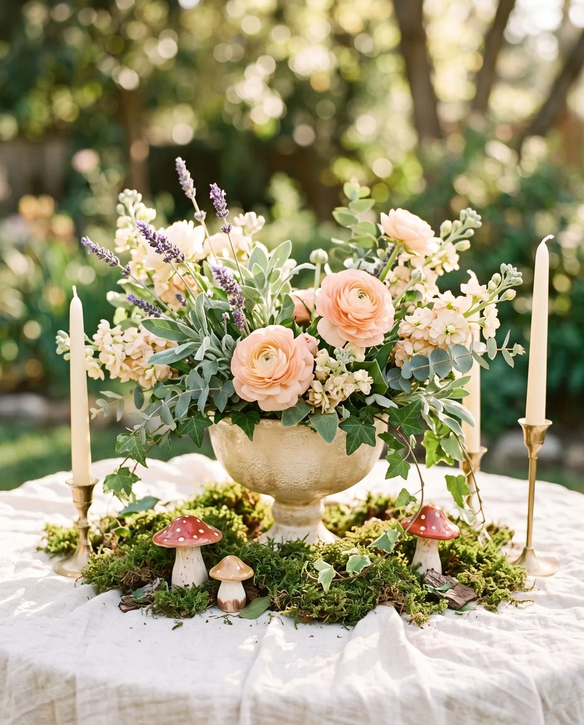 A loose arrangement of lavender, peach ranunculus and cream stock in a footed ceramic compote, ringed with moss and small ceramic toadstools.