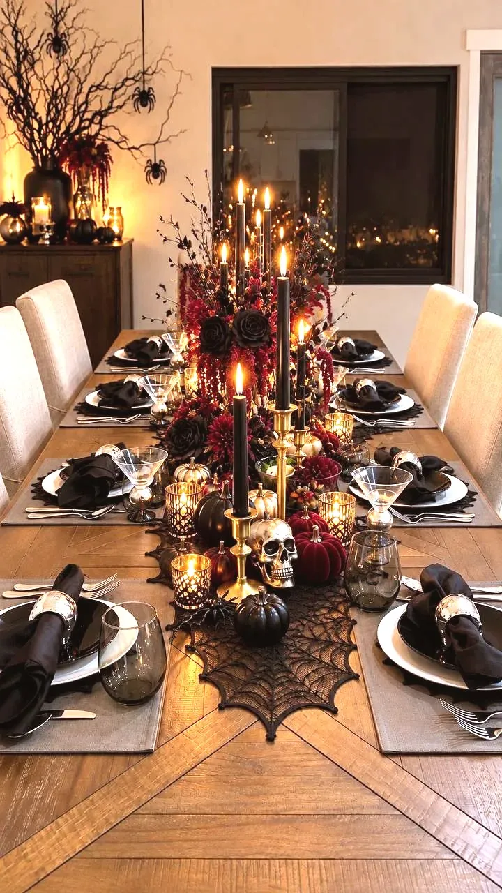A long wood dining table set for Halloween, black napkins in silver skull rings, black taper candles in gold holders, and a centerpiece of deep red amaranth, black roses and velvet pumpkins