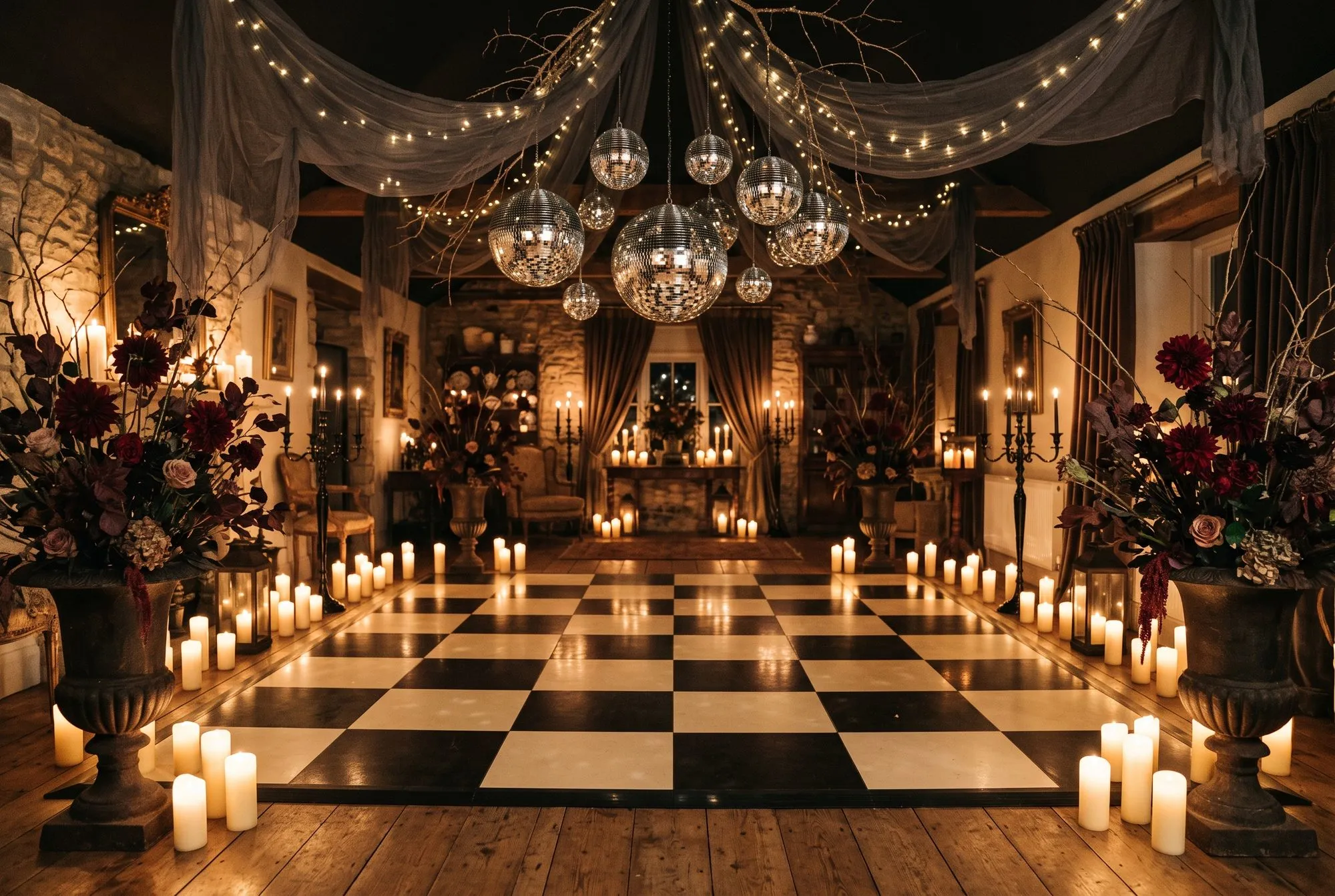 A black and white chequerboard dance floor laid over wide plank floorboards in a room with rough stone walls and dark ceiling beams. Panels of grey gauze are swagged from the ceiling above it, threaded with warm fairy lights and studded with bare twisting branches pushed in among the folds. About a dozen mirror balls in mixed sizes hang on cords from the centre of the drape, with one large ball low in the middle and smaller ones stepped around it. Ivory pillar candles in several heights run in a close line down both long edges of the floor, with brass and glass lanterns set between them at the corners. A tall cast iron urn stands at each side of the near end holding burgundy dahlias, dusty mauve roses, plum copper beech leaves, dried hydrangea, trailing red amaranthus and bare twigs. Black wrought iron candelabra of lit tapers stand behind the urns. At the far end a stone fireplace and a console are banked with pillar candles, brown velvet curtains are drawn back from a dark window, and gilt framed mirrors, carved armchairs and further urns of dark flowers sit along the walls in the low light.
