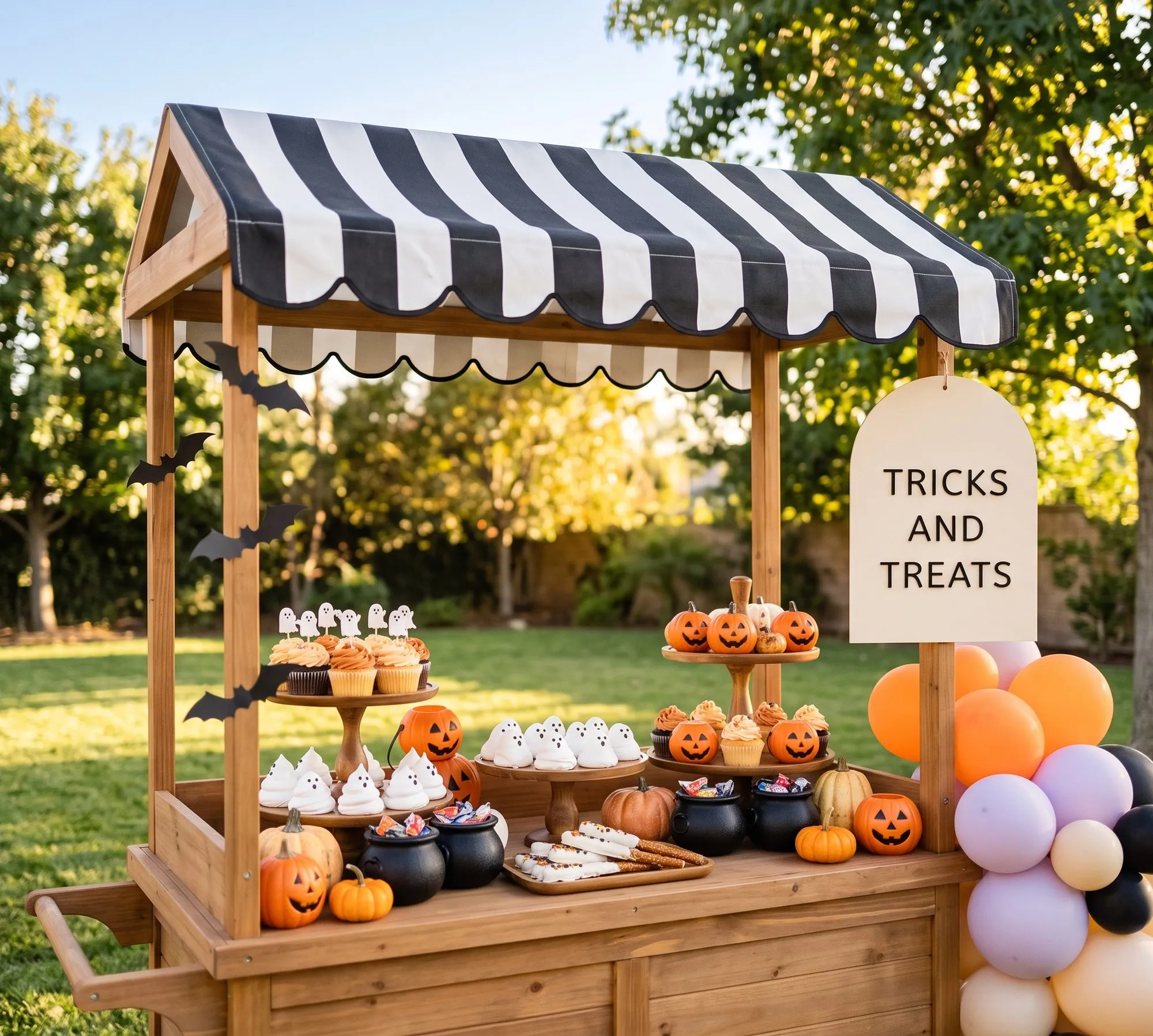 A wooden cart under a black and white scalloped awning has a cream Tricks and Treats sign and holds ghost-topped cupcakes, meringue ghosts, black cauldrons of candy, white-dipped pretzel rods and jack-o'-lantern pails, with balloons at one corner.