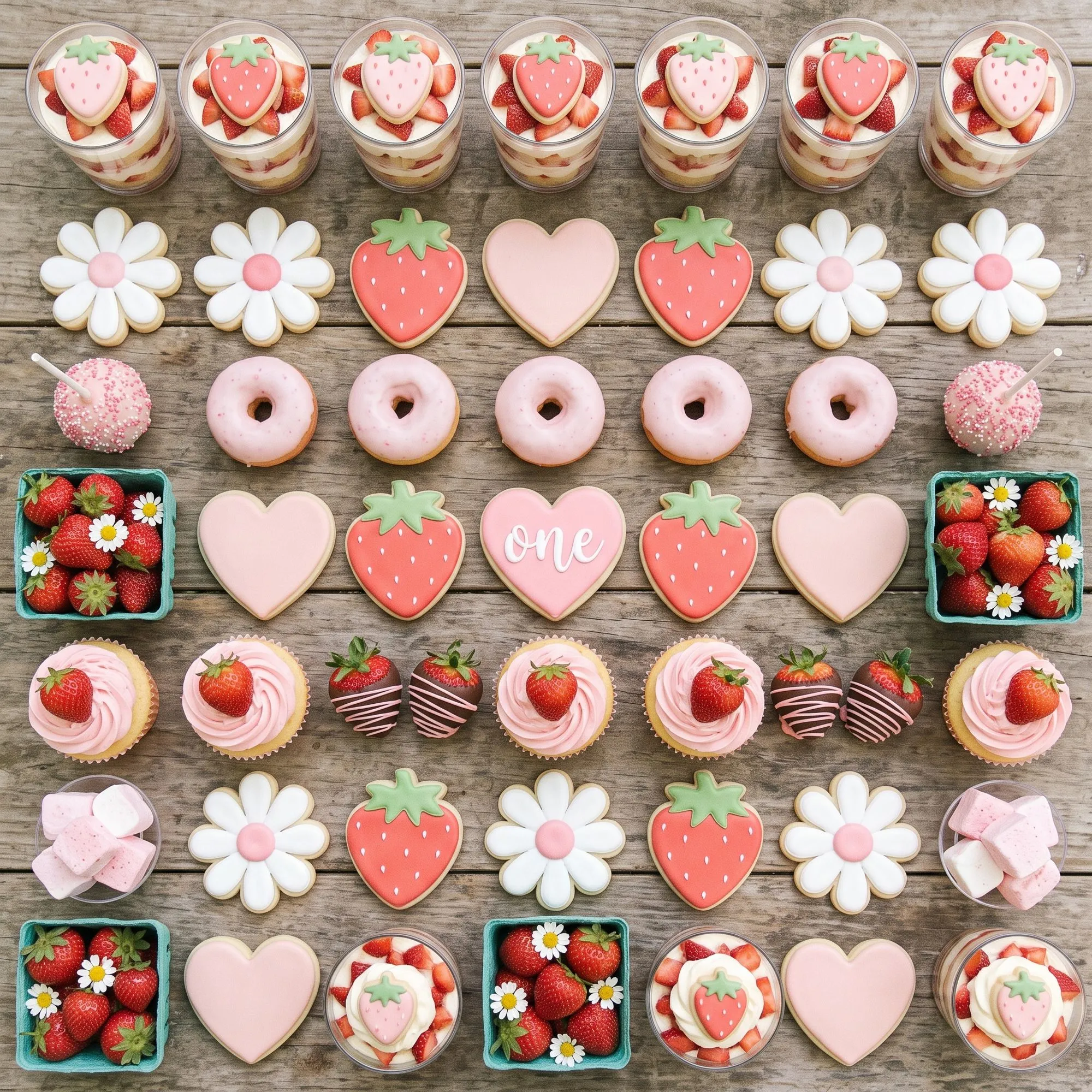 An overhead grid of individual desserts laid out in neat rows — glass cups of strawberry trifle each topped with a strawberry-shaped iced cookie, iced sugar cookies shaped as white daisies with pink centers, strawberries and blush hearts, one heart iced in white script with the word one, sprinkled cake pops, pale pink mini doughnuts, cupcakes with fat swirls topped with fresh strawberries, chocolate-dipped strawberries with pink drizzle, marshmallows and small berry punnets of strawberries with tiny white daisies tucked in.
