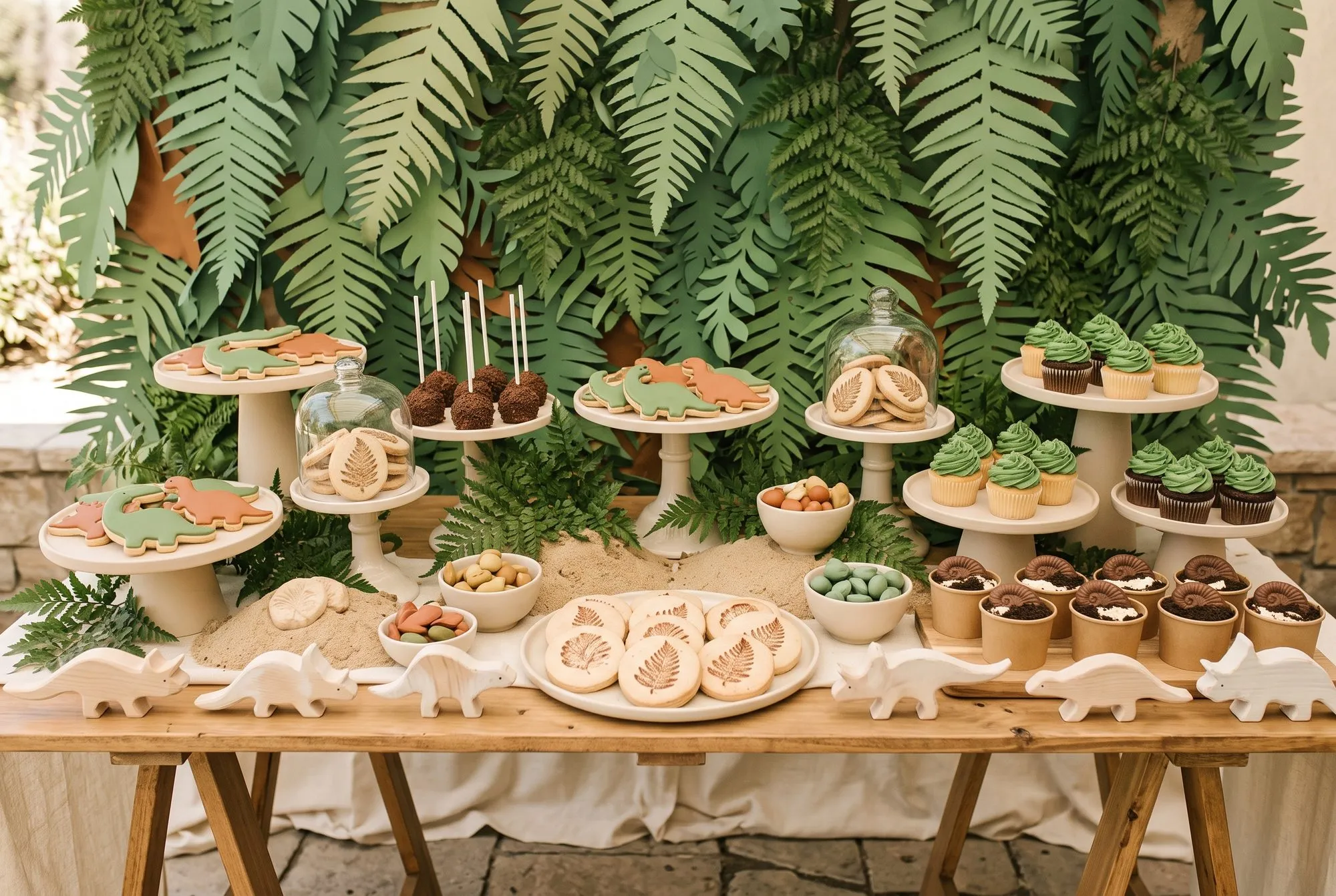 A wooden trestle table skirted in cream linen and set with pale ceramic stands at several heights holding iced dinosaur cookies in sage and rust, chocolate cake pops on white sticks, fern-print sugar cookies stacked under two glass cloches and heaped on a platter, cupcakes in vanilla and chocolate cases under thick swirls of green frosting, kraft paper cups of chocolate crumb topped with chocolate ammonites, and small bowls of sage green and earth-toned sugared almonds, with two mounds of real sand pushed up between the stands holding white clay fossils, fresh fern fronds tucked around the bases and a row of pale wooden dinosaurs walking along the front edge, all under a dense hanging backdrop of cut paper ferns.