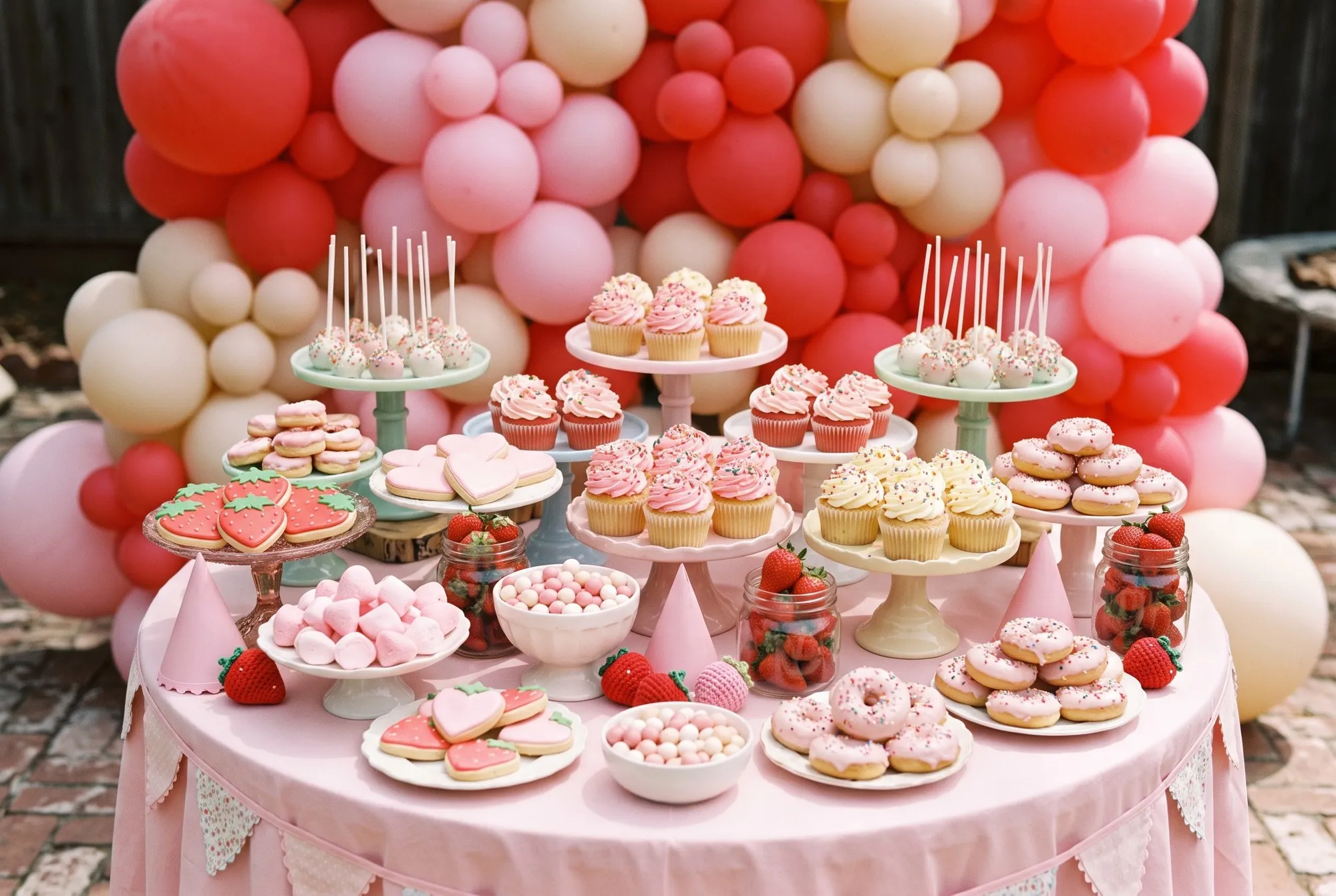 A dessert table skirted in pastel pink, tiered stands at many heights holding strawberry-shaped and heart iced cookies, sprinkled cake pops, pale pink mini doughnuts, cupcakes with fat swirls, strawberry marshmallows and bowls of pastel candy, with pink paper party hats and crocheted toy strawberries tucked between the stands, against a wall of red, pink and cream balloons.