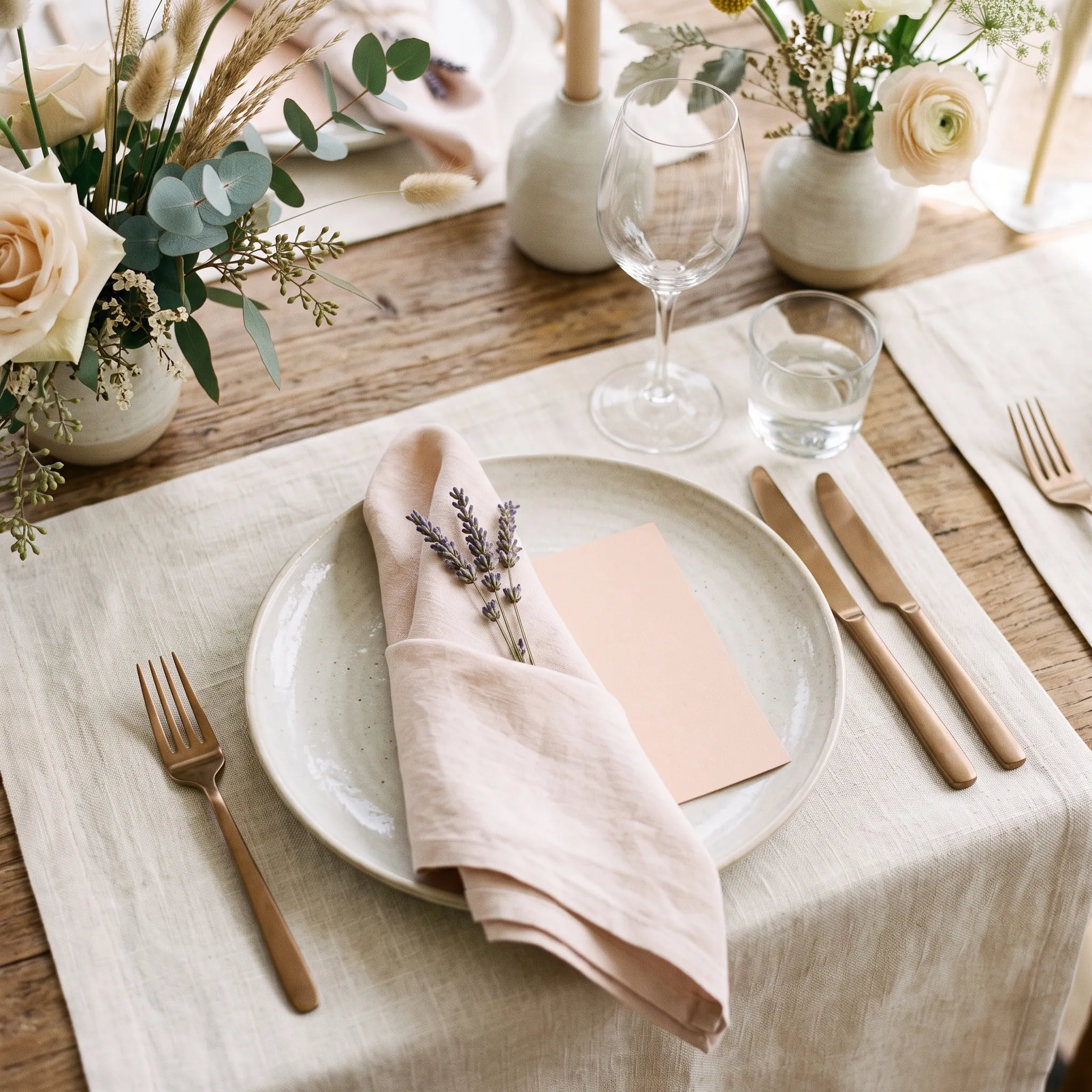 An overhead place-setting detail with linen and lavender