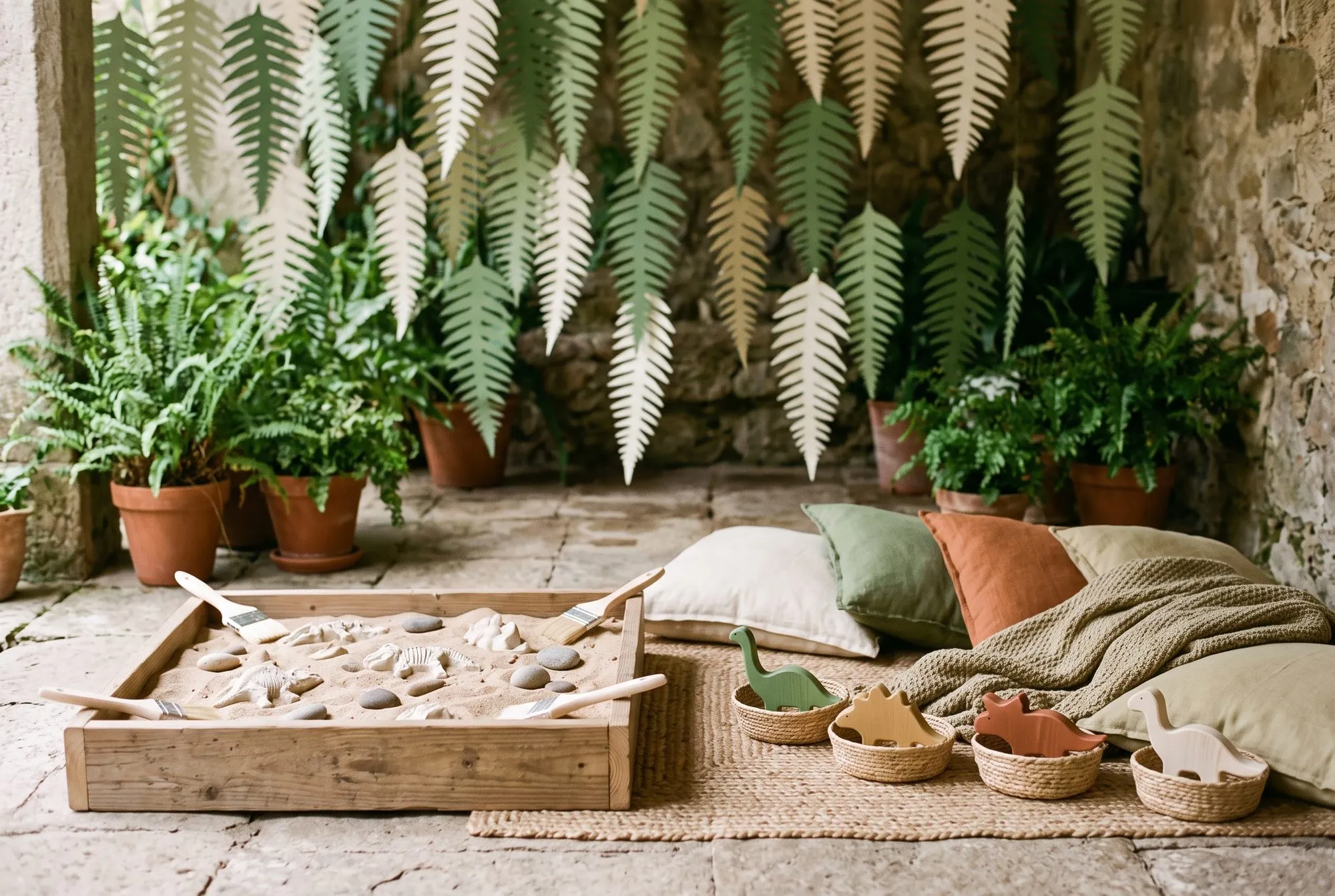 A shallow raw timber tray set straight on the stone patio and filled with real sand, part-buried white plaster bones, skeletons and shells and smooth gray river stones, four wooden-handled paintbrushes laid across its edges, and alongside it a jute rug with linen floor cushions in cream, fern green, rust and olive, a chunky knitted olive throw, and four small raffia baskets each holding one wooden dinosaur in green, mustard, rust and pale natural, with a row of terracotta pots of live ferns behind and a garland of cut paper fern fronds in green and cream hanging down the old stone wall.