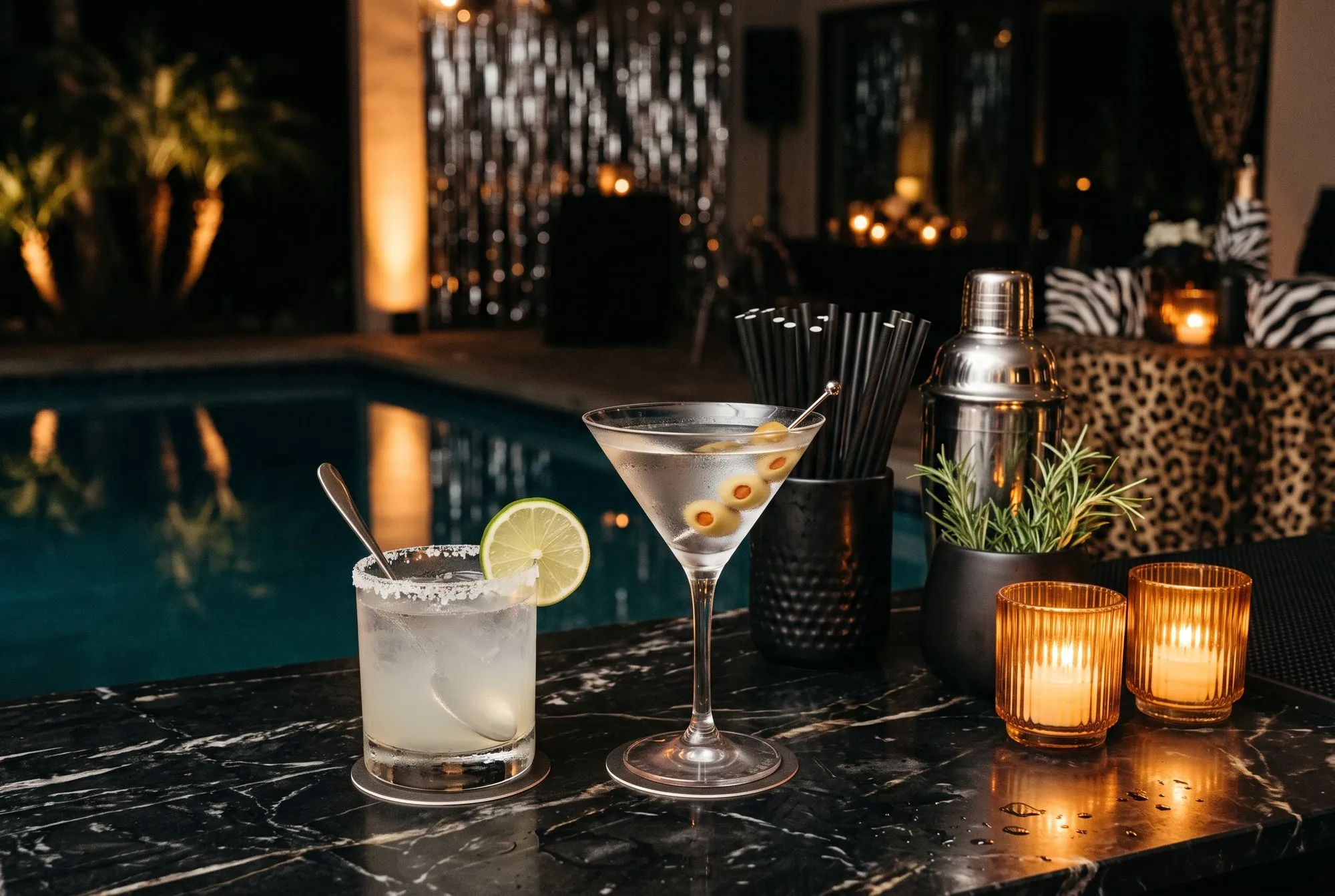 A salt rimmed margarita with a lime wheel and an olive martini on a black marble bar, with black paper straws in a matte black cup, a chrome shaker, potted rosemary and two amber votives, the lit pool behind them.