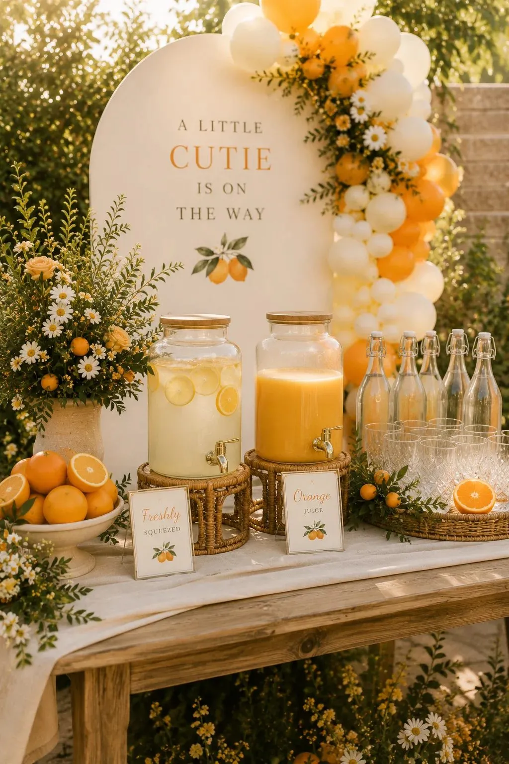 A weathered wood table draped with a cream linen runner holds two lidded glass beverage dispensers on woven rattan risers, one of lemonade with floating lemon slices and one of orange juice, both with brass spigots. Small framed cards read "Freshly Squeezed" and "Orange Juice" beside painted citrus motifs. Clear swing top bottles and cut crystal tumblers sit on a wicker tray with a halved orange, and a footed cream bowl of oranges and a stone vase of white daisies, butter roses and green foliage stand at the left, in front of the printed arched backdrop and its balloon garland.