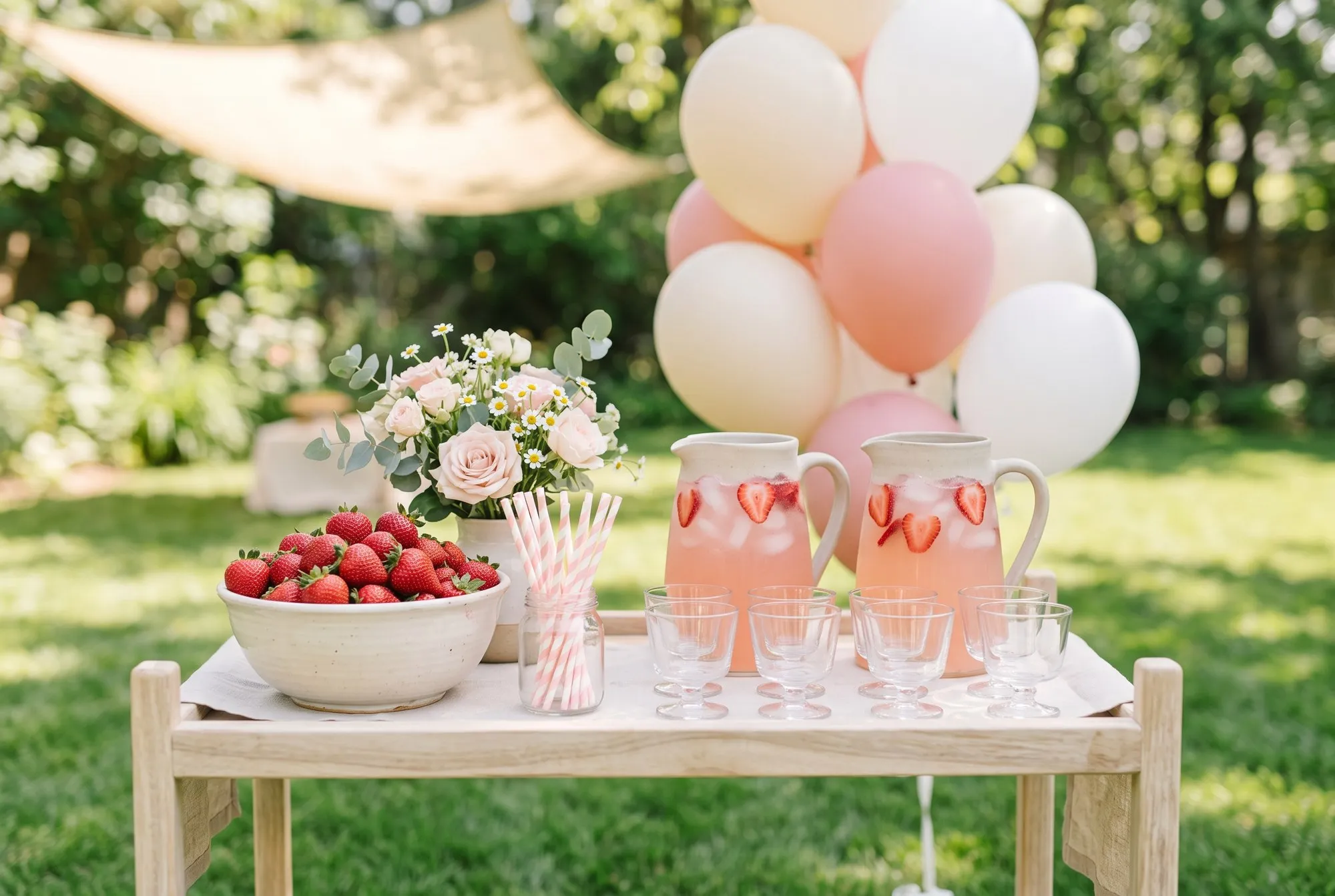 A low wooden drinks cart with two plain cream ceramic pitchers of pale pink strawberry lemonade with sliced strawberries floating in them, small footed glass cups, a bowl heaped with strawberries, a jar of striped pink straws and a cluster of pink and cream balloons.