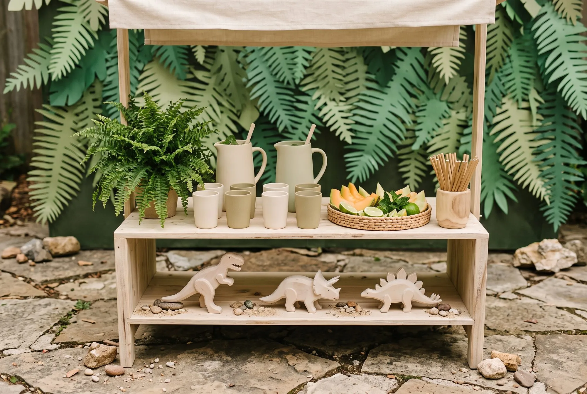 A small pale pine drinks stand with a cream linen awning stretched over its frame, the upper shelf holding two matte pitchers in cream and sage filled with pale juice, mint and long wooden stirrers, eight stoneware beakers in cream and olive, a raffia tray of melon wedges, halved limes and mint, a turned wood cup of natural paper straws and a Boston fern in a stone pot, and the lower shelf holding three wooden dinosaurs, a tyrannosaurus, a triceratops and a stegosaurus, walking through scattered sand and pebbles, with the cut paper fern wall behind and broken flagstone underfoot.