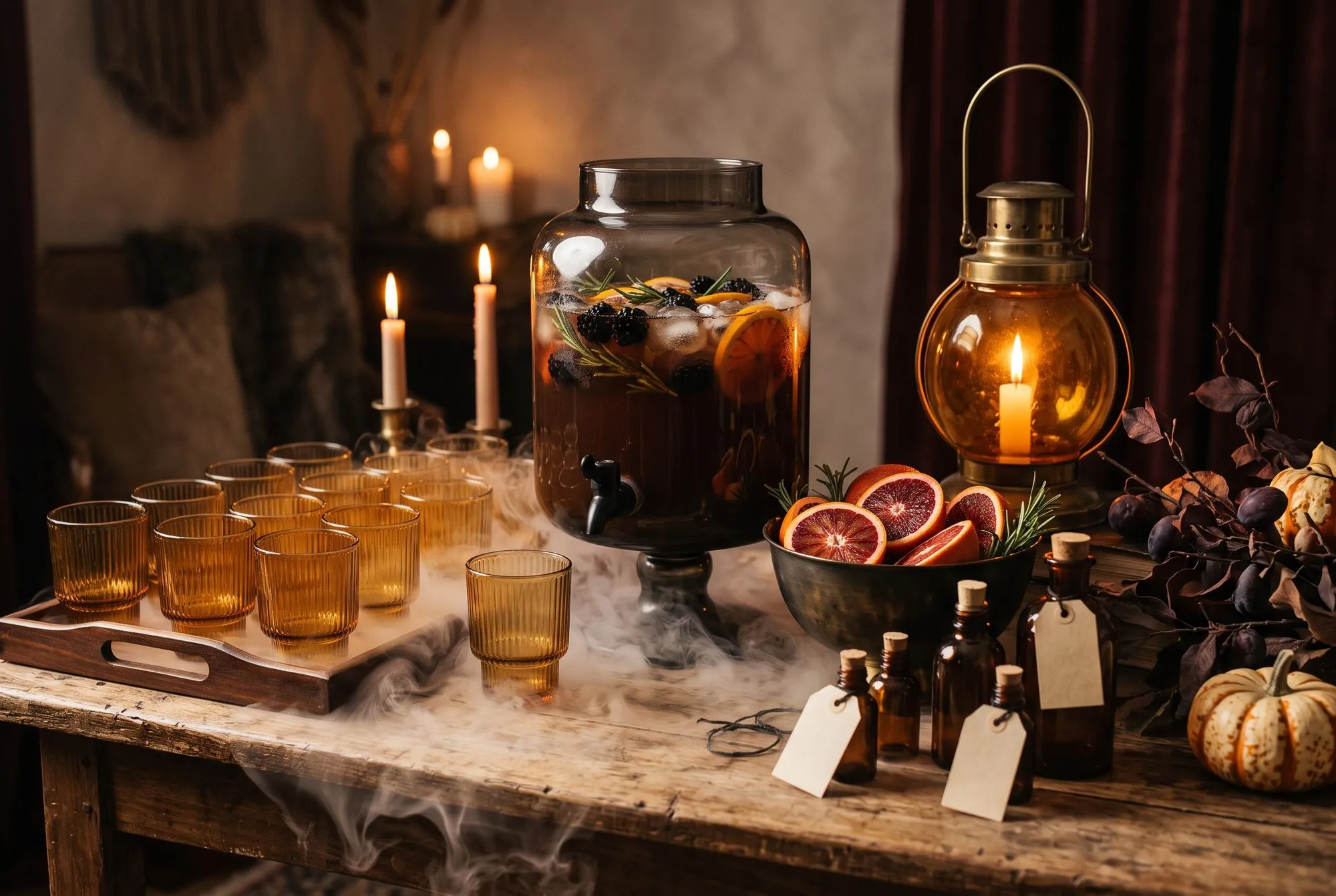 A self serve drinks station on a rustic wooden table. A large smoked glass drinks dispenser with a black tap and a dark wooden base holds amber punch with ice, orange slices, blackberries and rosemary sprigs floating in it. Eleven ribbed amber tumblers are grouped on and beside a wooden tray at the left, with two pale tapers burning in brass candlesticks behind them. A dark metal bowl of halved blood oranges and rosemary sits at the right, with four small amber apothecary bottles corked and tied with blank kraft tags in front of it. A brass and glass lantern with a lit candle stands behind the bowl, and dried plum foliage and a cream and orange heirloom pumpkin fill the right of the frame. Fog drifts low across the table and spills over the front edge, and a deep burgundy velvet curtain hangs behind.