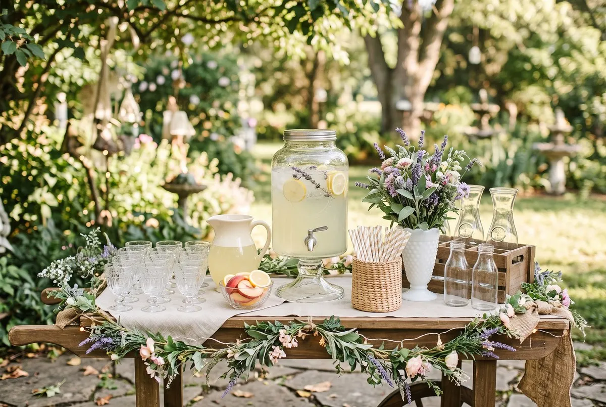 A wooden cart with a glass dispenser of lemonade steeped with lavender, small footed glasses, paper straws and a jug, trimmed with a garland of lavender and greenery.