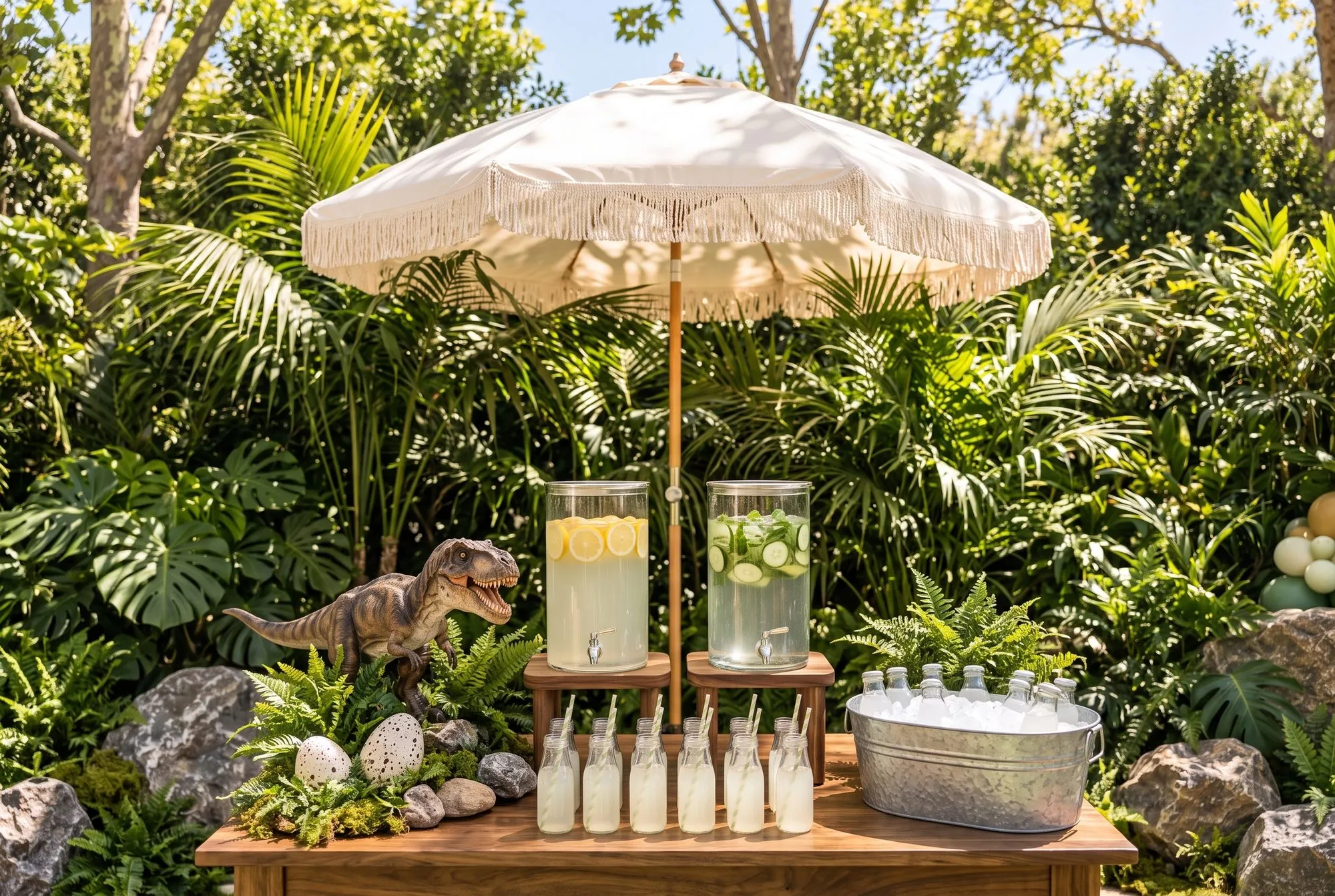 A walnut drinks table under a fringed cream umbrella, with two tall clear glass dispensers on wooden stands, one of lemonade with lemon wheels and one of water with cucumber and mint. A row of small glass bottles of lemonade with green striped straws sits in front, a galvanized tub of bottled drinks on ice stands to the right, and a T-rex figure among ferns, speckled eggs and stones sits to the left.
