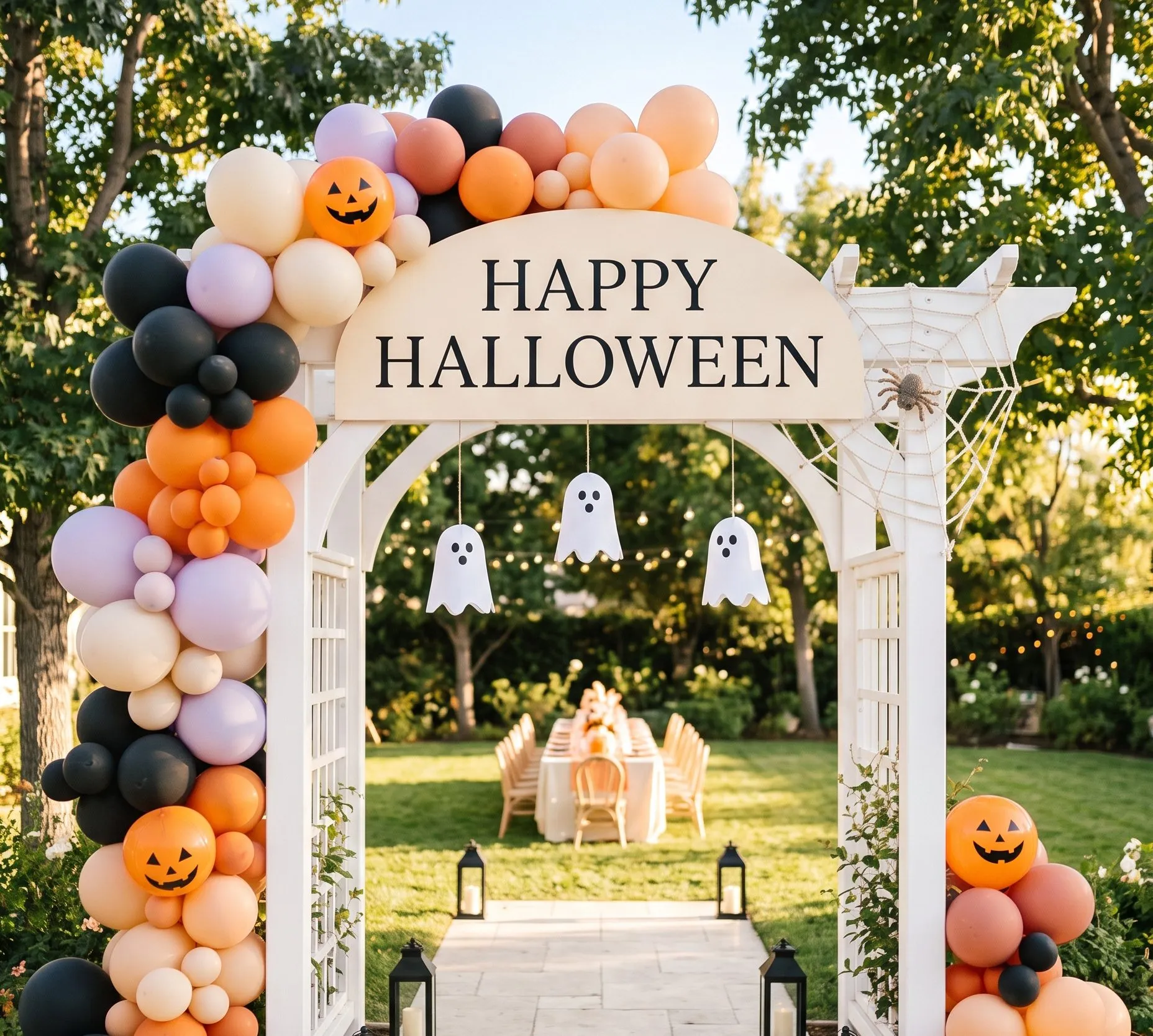 A white wooden arbor with a cream Happy Halloween sign, three hanging ghost cutouts and a rope spider web is wrapped in black, lavender, cream, peach and orange balloons with jack-o'-lantern faces, and lanterns line a stone path to a long table beyond.