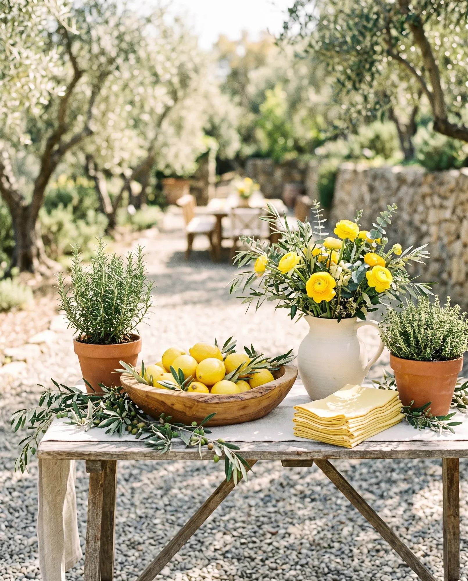 A weathered garden table on a gravel path with an olive-wood bowl piled with whole lemons, potted rosemary and thyme either side, a cream pitcher of yellow ranunculus and a stack of folded lemon-yellow napkins.