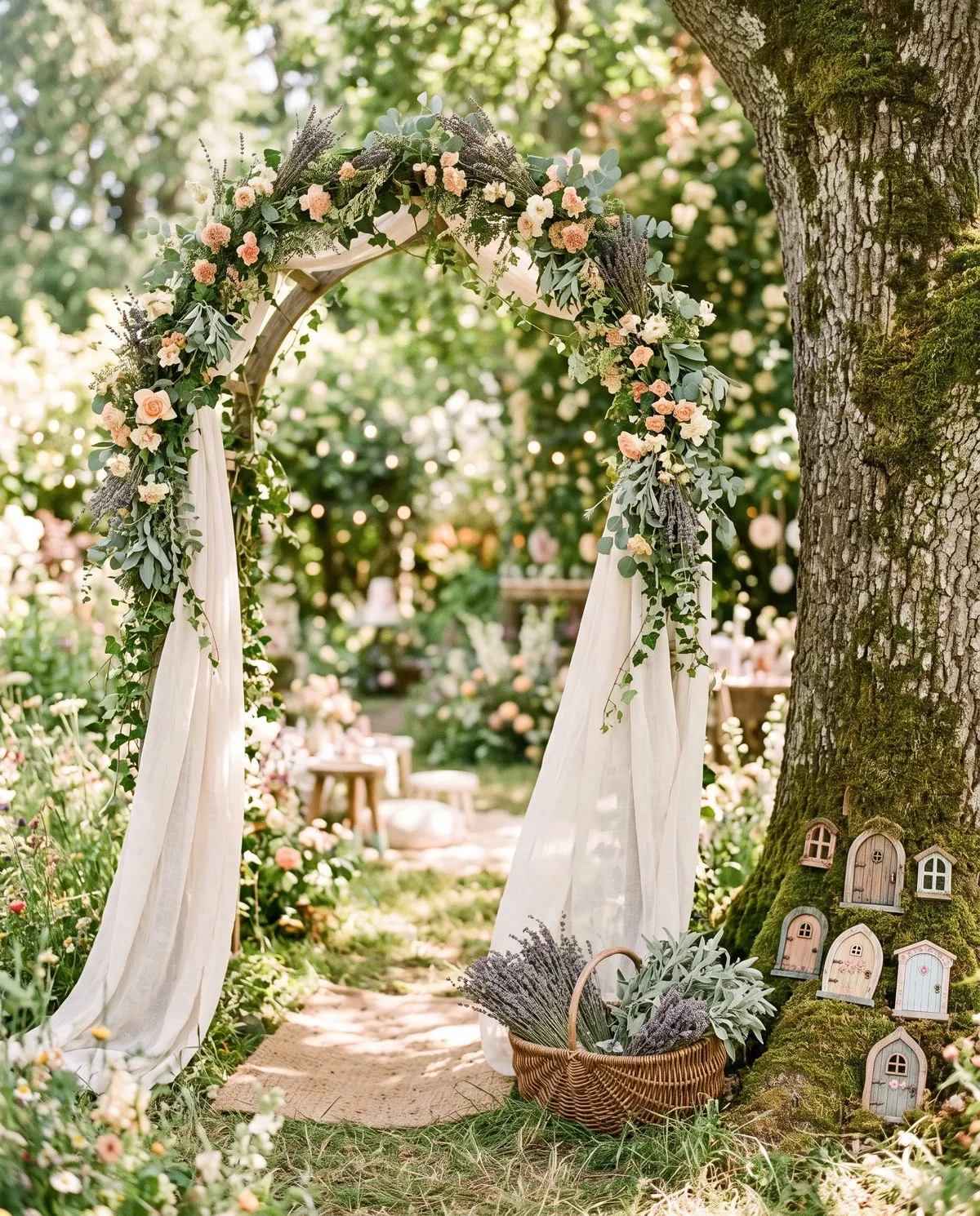 A garden arch wound with ivy, lavender and blush wildflowers, with cream fabric falling from either side and tiny painted fairy doors set into the mossy base of the tree beside it.