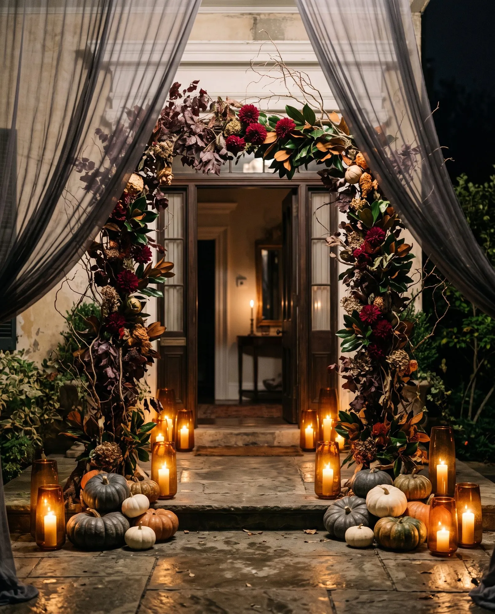 A front entrance at night framed by an arch of foliage over open double doors. The garland is built from plum and burgundy copper beech leaves, glossy magnolia leaves with bronze undersides, oxblood dahlias, dried hydrangea and bare curling branches, running up both sides of the doorway and across the top. Panels of grey sheer fabric hang at either side and are swept back like curtains. Amber glass hurricanes of different heights burn along the stone step and the paving in front, with heirloom pumpkins in slate grey, cream and rust clustered at the foot of each side of the arch. Through the doorway a hallway is lit by a single candle on a console table beneath a gilt mirror, and clipped shrubs sit against the weathered plaster wall on both sides.