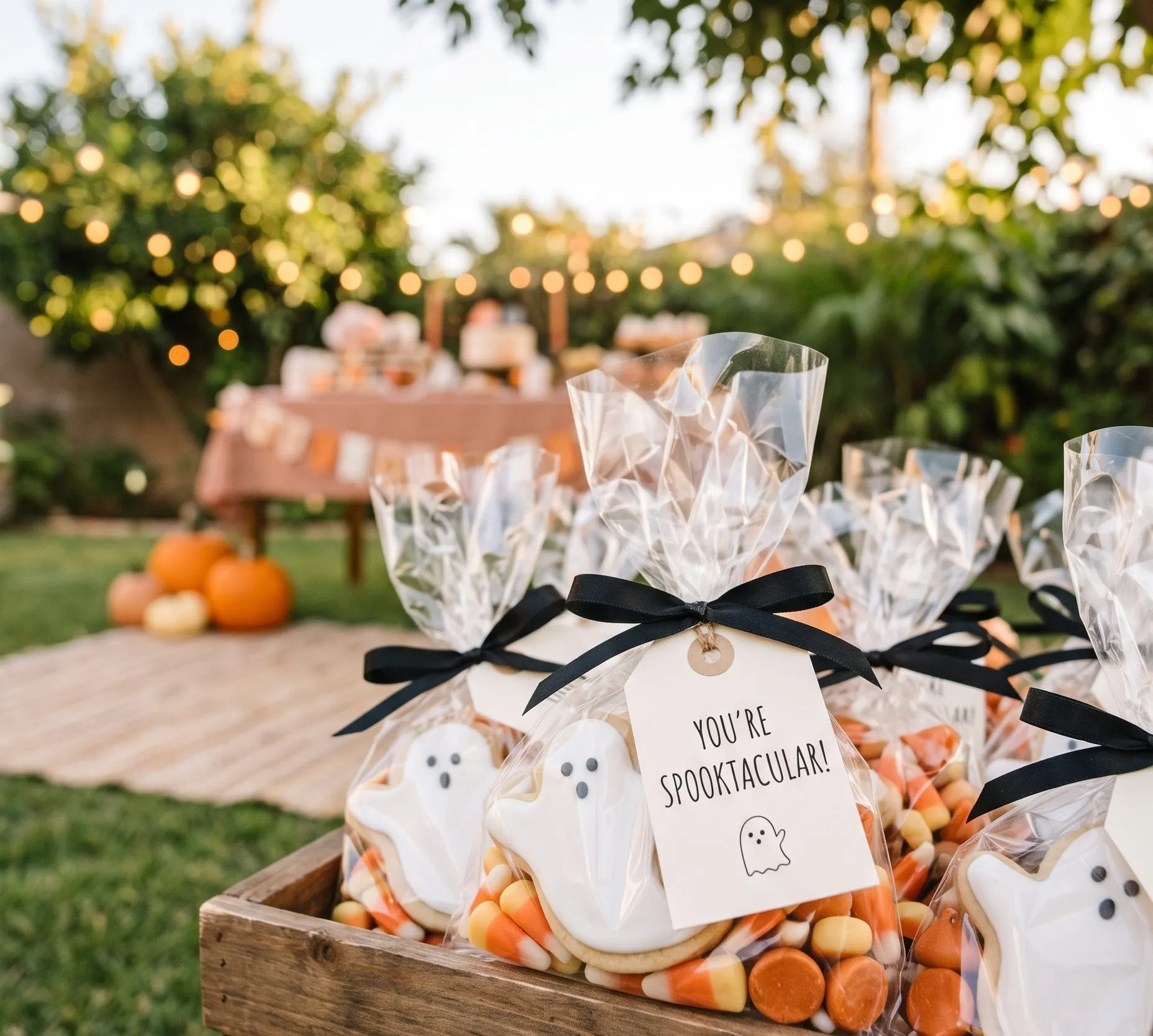 Cellophane bags of iced ghost cookies and candy corn, tied with black satin ribbon and cream tags, one reading You're Spooktacular!, are lined up in a wooden crate.
