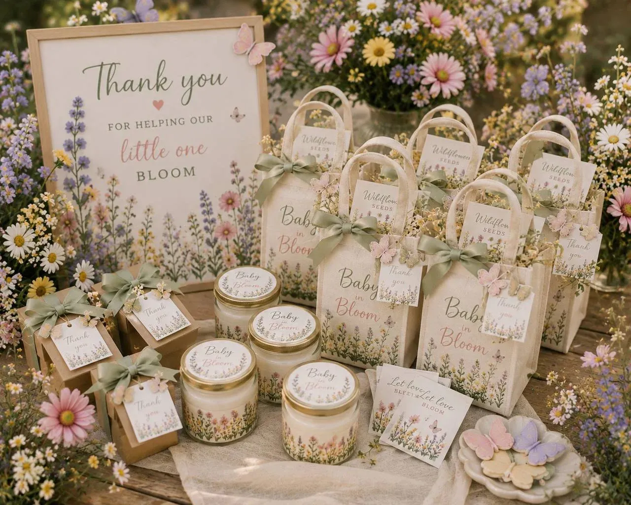 A favour table on rustic wood holding linen totes printed with wildflowers and "Baby in Bloom", each tied with a sage grosgrain bow and a pressed flower thank you tag, packets of wildflower seeds, small kraft boxes with sage ribbon, candles in glass jars with gold lids, and butterfly iced cookies on a white scalloped dish, in front of a framed print reading "Thank you for helping our little one bloom", surrounded by daisies and cosmos.