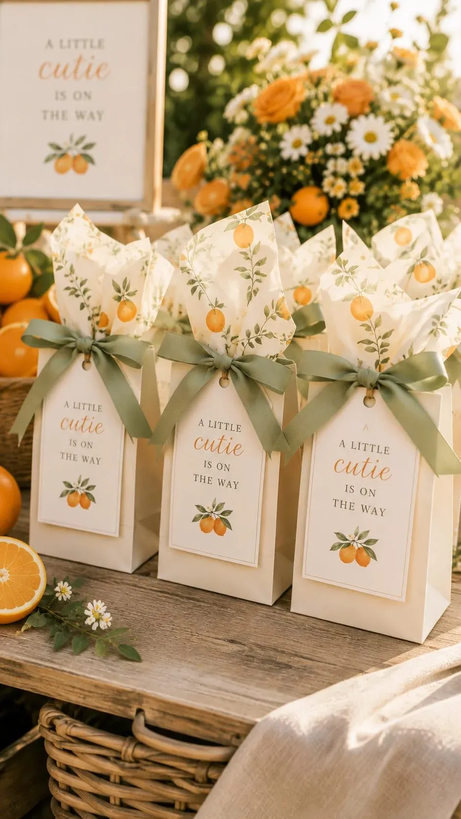 Three cream paper favour bags in a row on a weathered wood table, each filled with tissue paper printed in a watercolour pattern of oranges and green leaves. Sage green satin ribbon is tied in a bow at the neck of every bag, holding an ivory tag that reads "A Little Cutie Is on the Way" in grey serif capitals with the word cutie in orange script, above a small painted orange branch. Whole oranges, a halved orange and sprigs of white daisies sit on the table, with a matching framed sign and an arrangement of yellow roses, daisies and oranges behind in low sun.